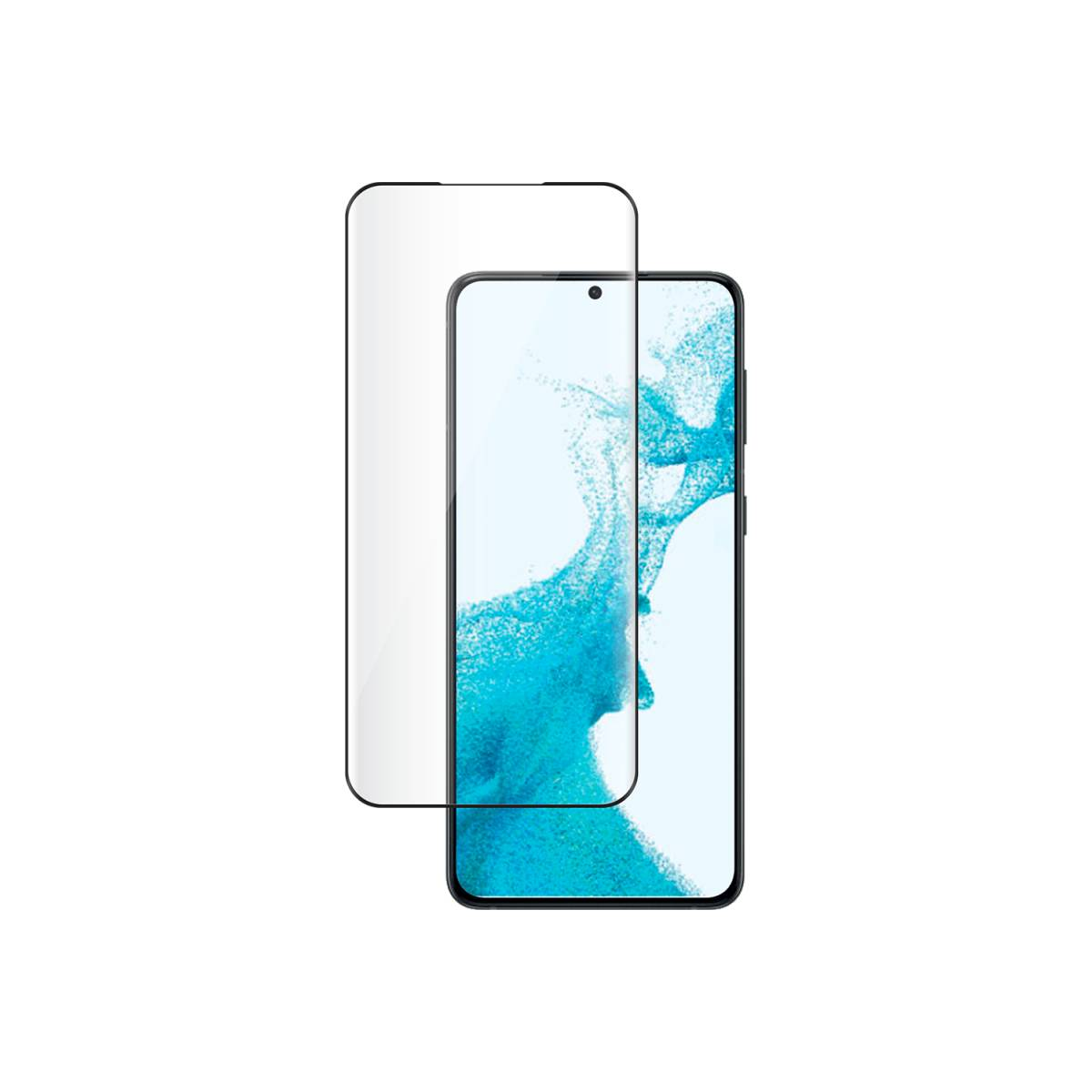 Telefono con protezione schermo. Protezione a sinistra. Sfondo bianco.