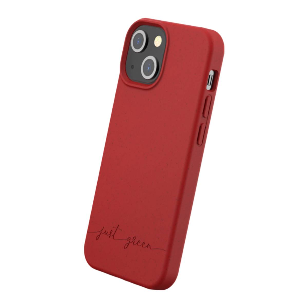 Custodia rossa con telefono dentro. Scritto 'just green'.