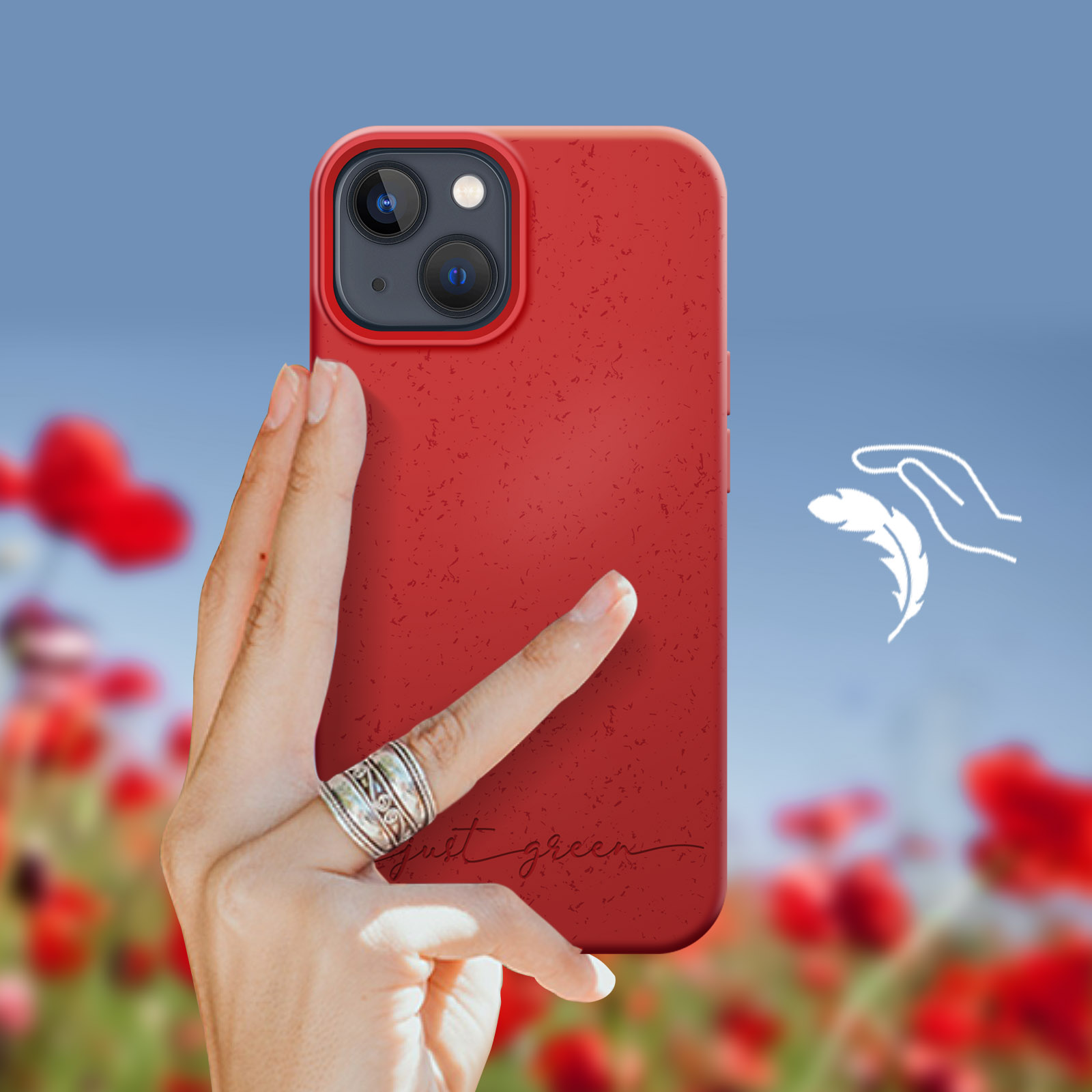 Custodia rossa con una mano e fiori. Parole chiave: rosso, custodia, fiori, mano, verde.