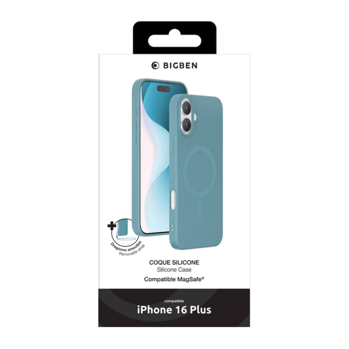 Scatola con custodia per telefono. La custodia è verde acqua, telefono all'interno. Il marchio è BIGBEN. Compatibile con iPhone 16 Plus.