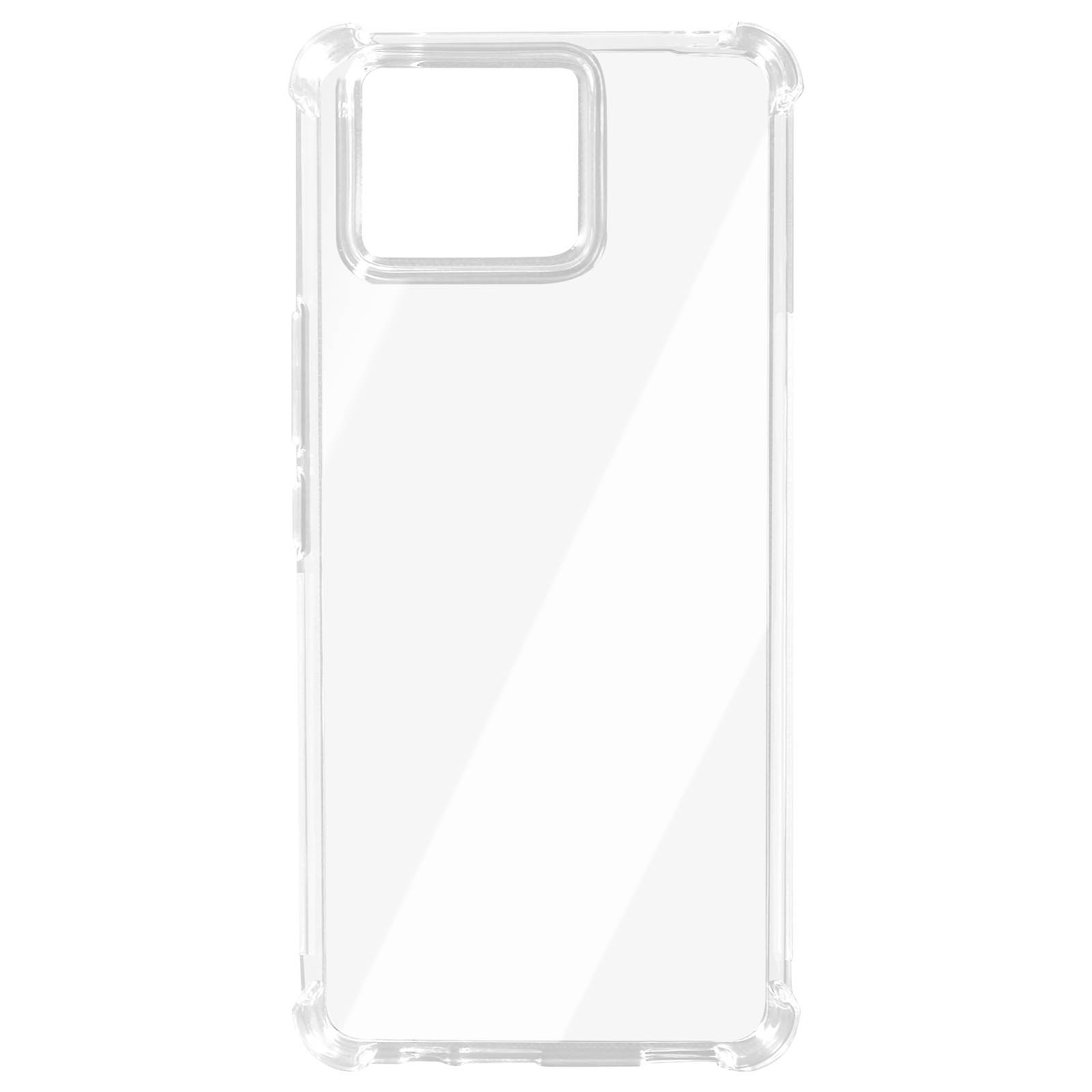 Funda transparente con borde transparente. Tiene un recorte cuadrado para la cámara.
