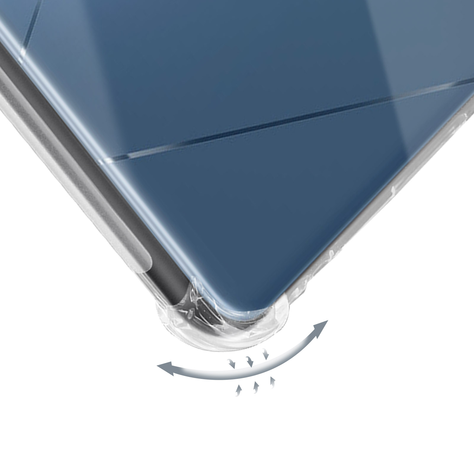 Funda transparente para teléfono que muestra una esquina con flechas que indican resistencia al impacto. Fondo azul.