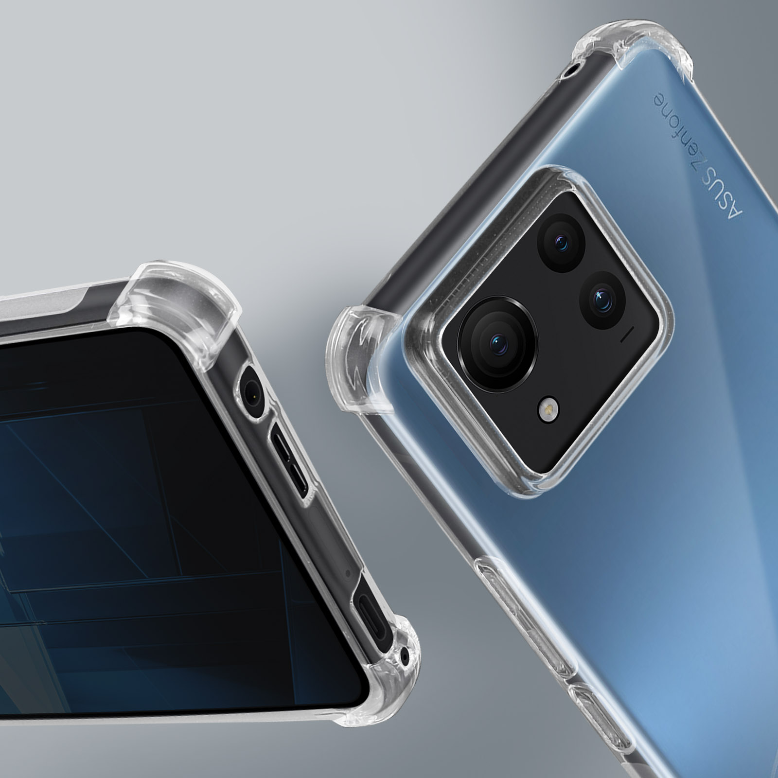 Funda transparente con teléfono negro dentro. Bordes reforzados. Texto ASUS Zenfone.