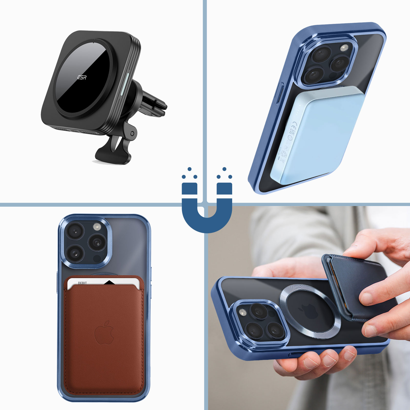 Vari accessori per telefoni, tra cui un supporto per auto, una custodia con porta carte e un caricabatterie.