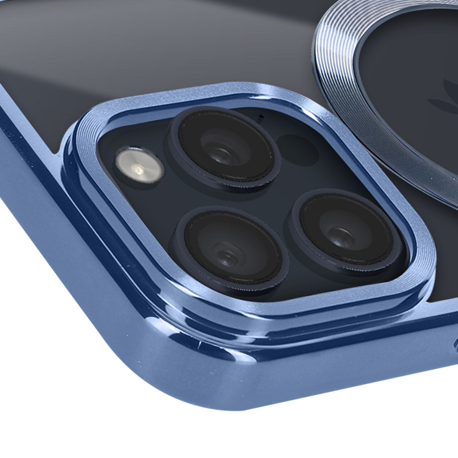 Primo piano di una custodia blu con lenti della fotocamera e un anello metallico.