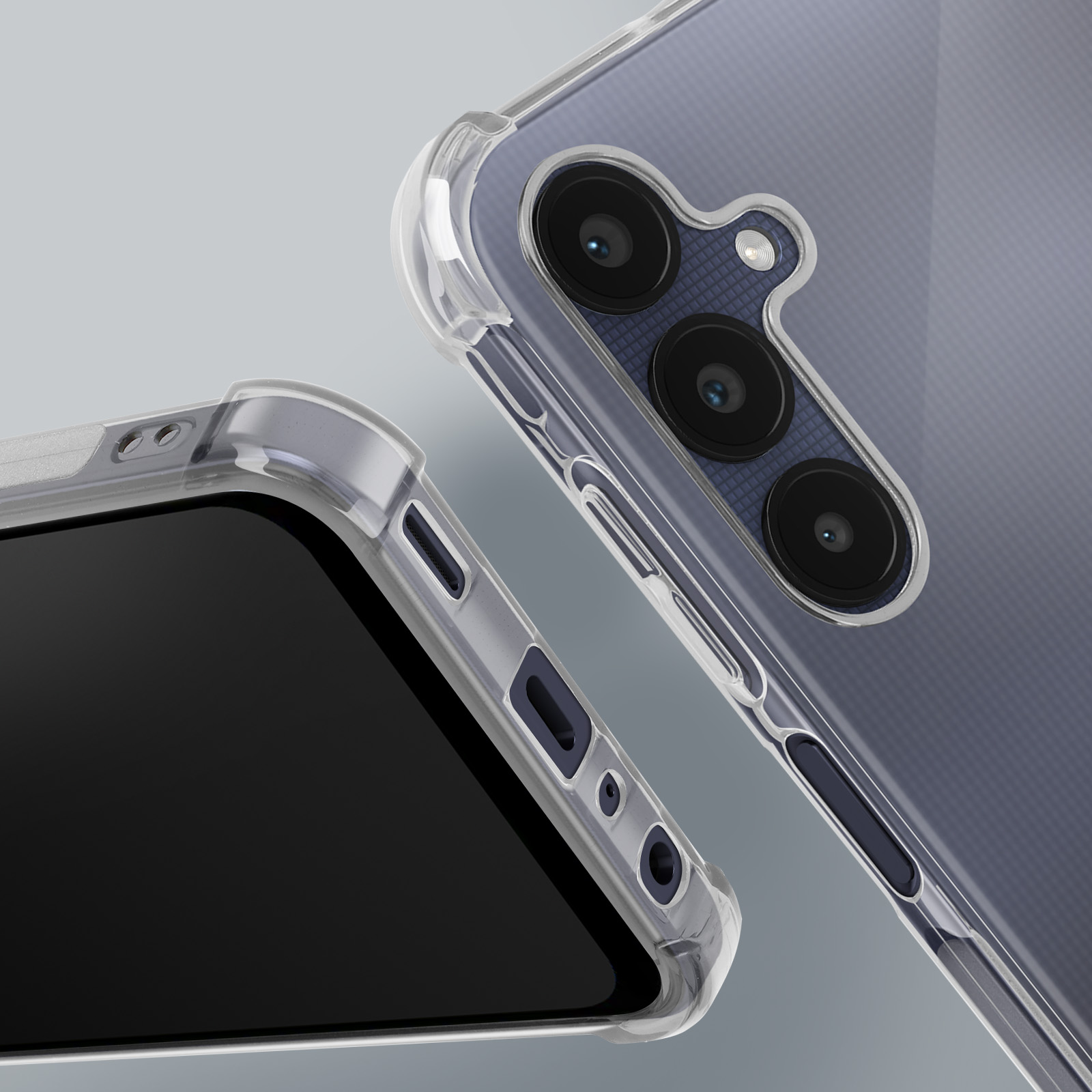 Due custodie trasparenti per telefono, una mostra la fotocamera e l'altra i pulsanti laterali.