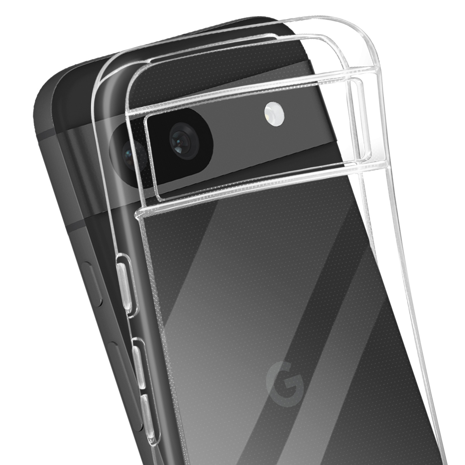 Custodia trasparente su telefono nero, che mostra fotocamera e logo G.