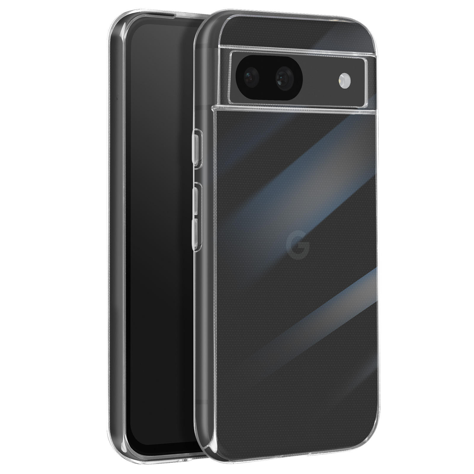 Custodia trasparente su un telefono nero. Ha una custodia trasparente con due fotocamere.