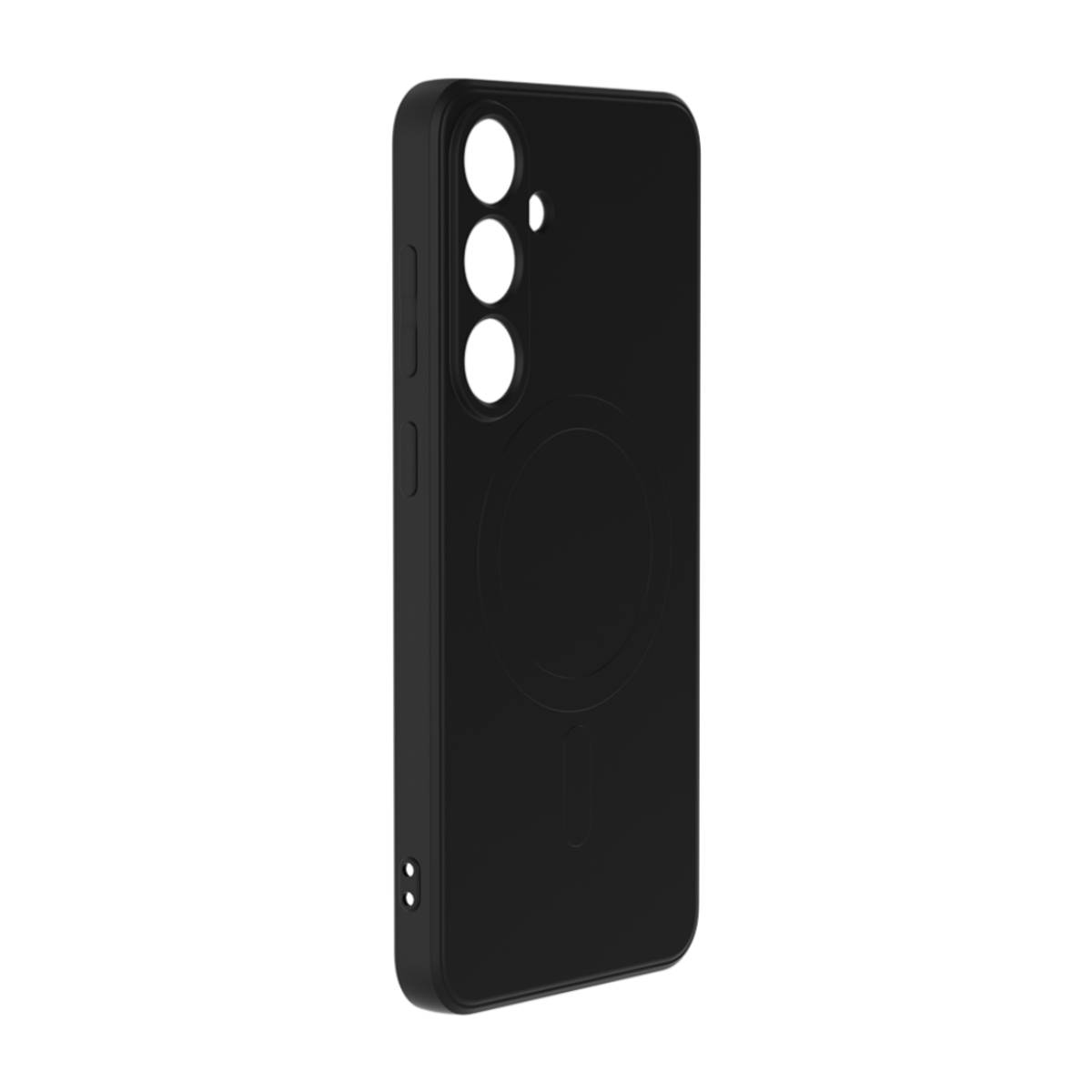 Custodia nera con fori per fotocamera e cerchio MagSafe. La custodia è nera.