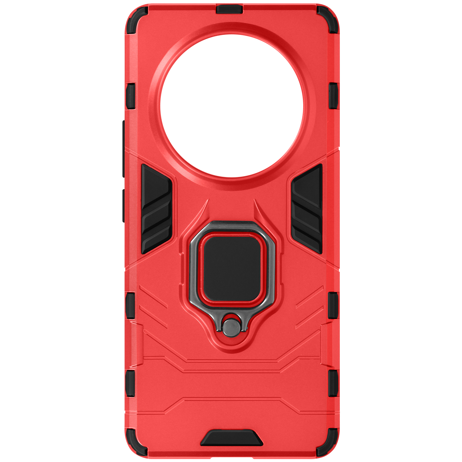 Custodia rossa per telefono con anello. Dettagli neri e design strutturato.