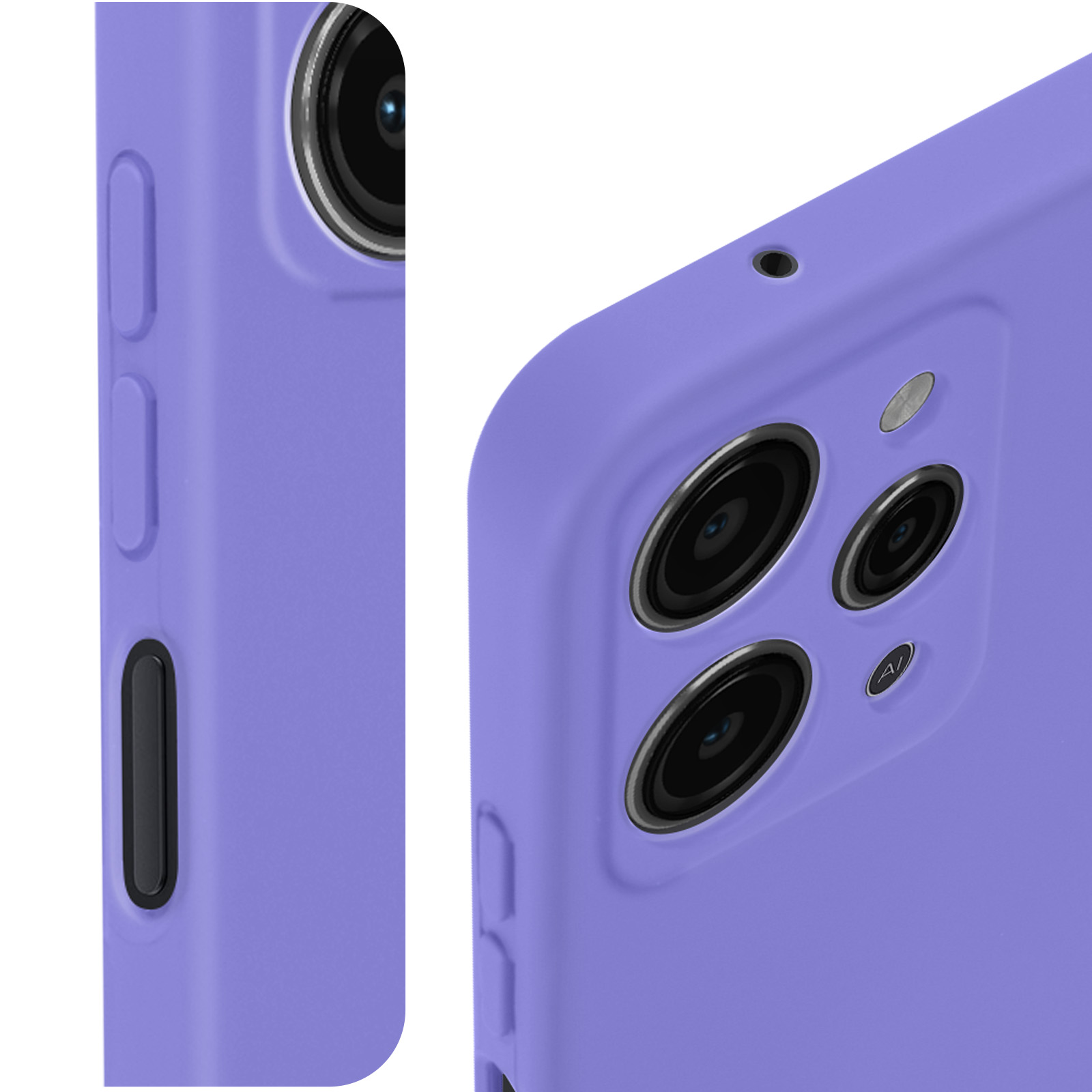 Primo piano di un telefono viola. Obiettivi della fotocamera e pulsanti sono visibili sulla custodia.