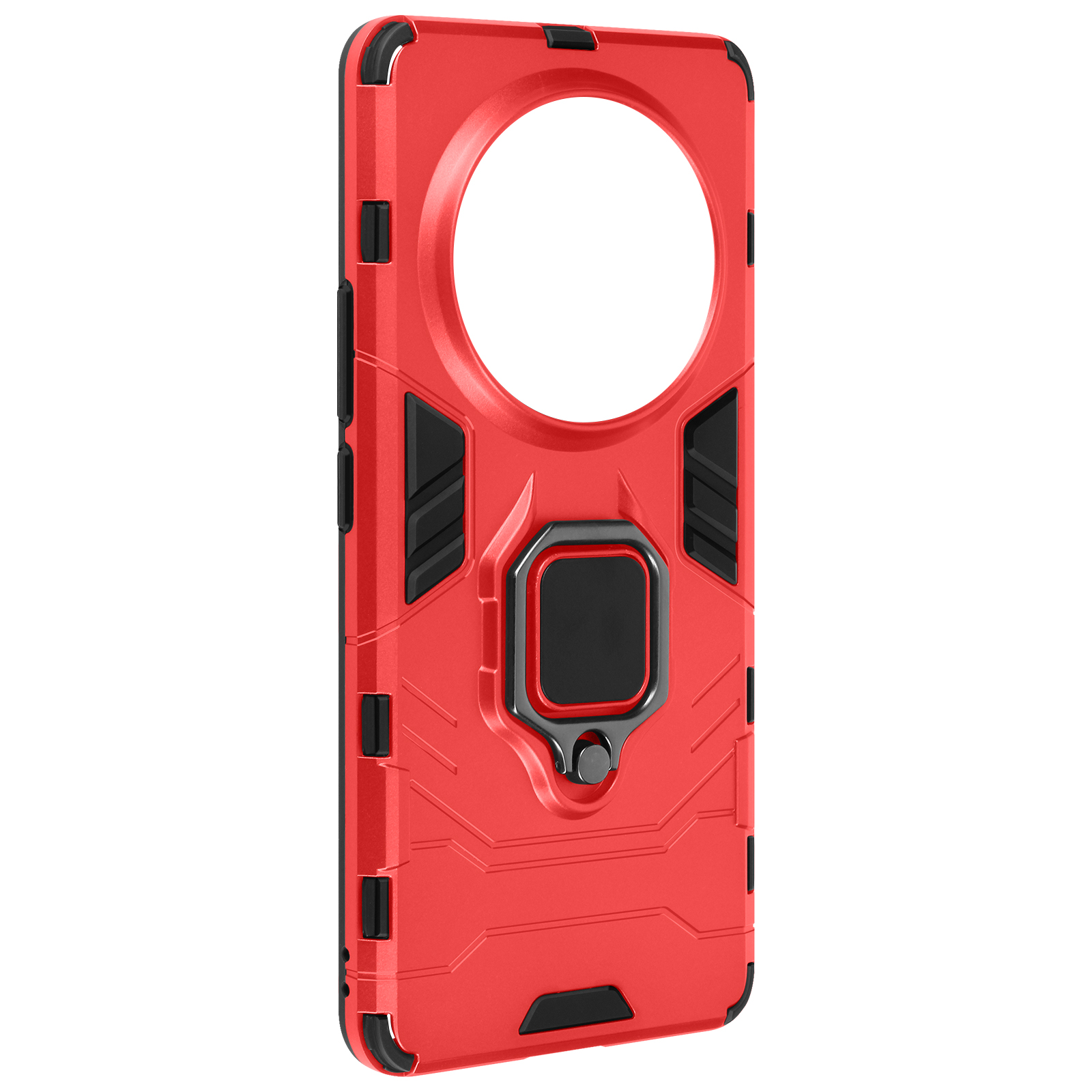 Custodia rossa per telefono con un supporto ad anello sul retro. È uno stile robusto.