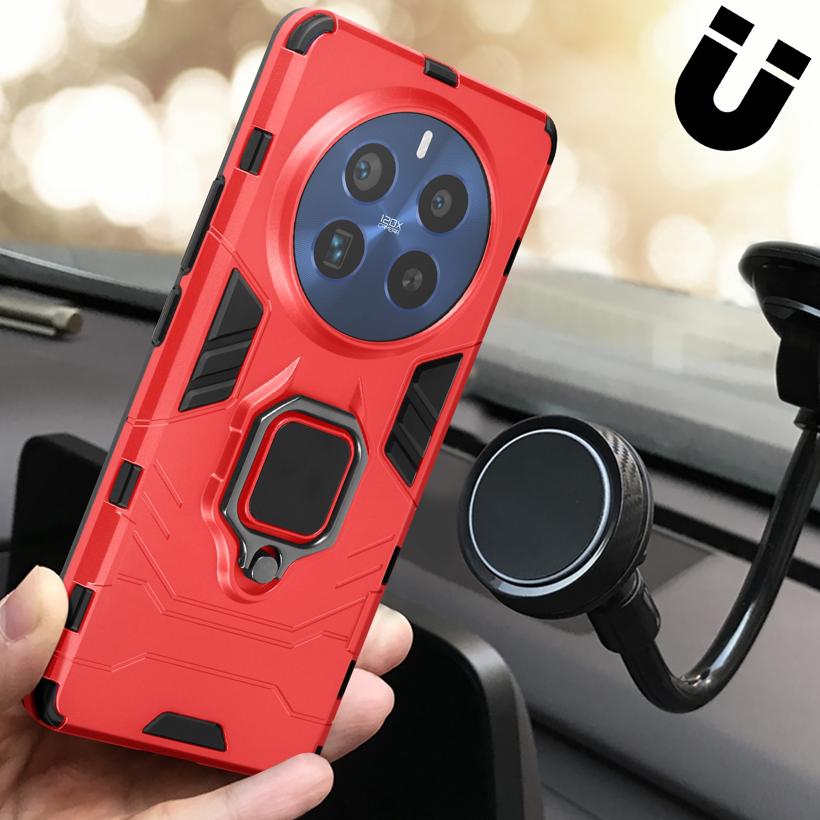 Custodia rossa con supporto ad anello, un cruscotto e un supporto per telefono.