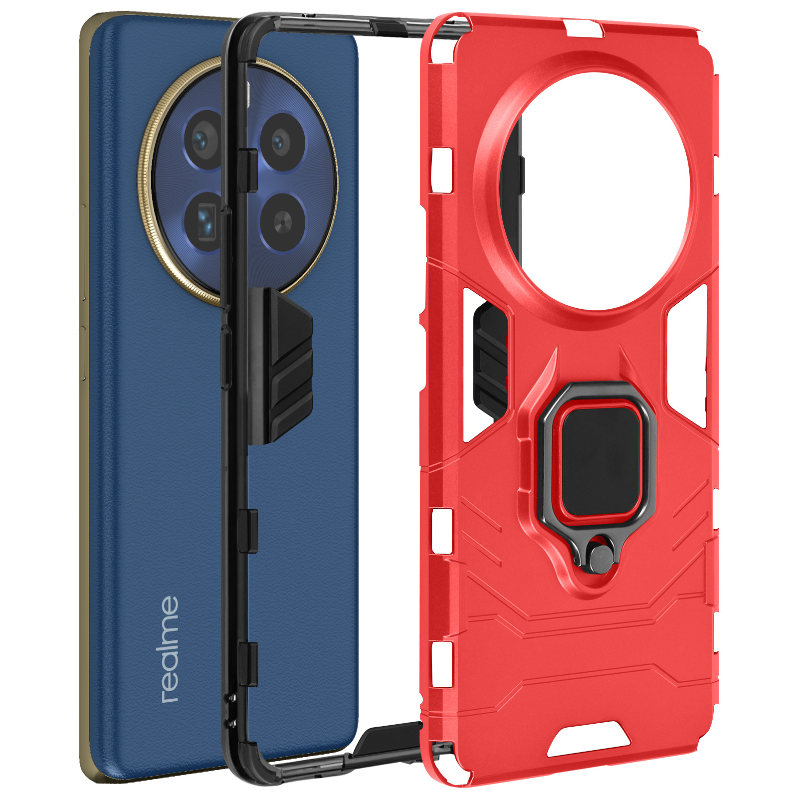 Telefono con custodia rossa e nera. La custodia ha un supporto sul retro.