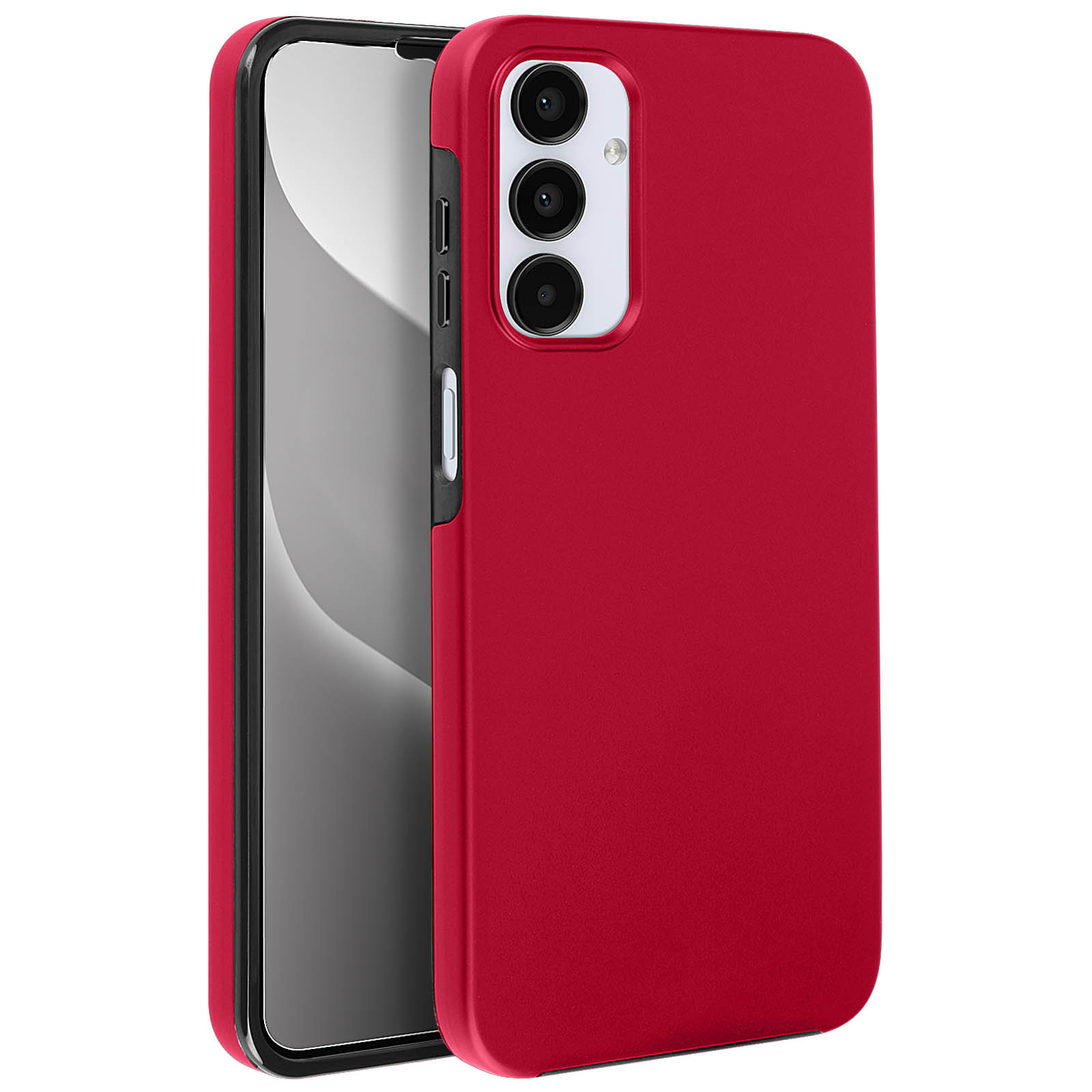 Una custodia rossa con un telefono all'interno. La custodia ha tre obiettivi per fotocamera.