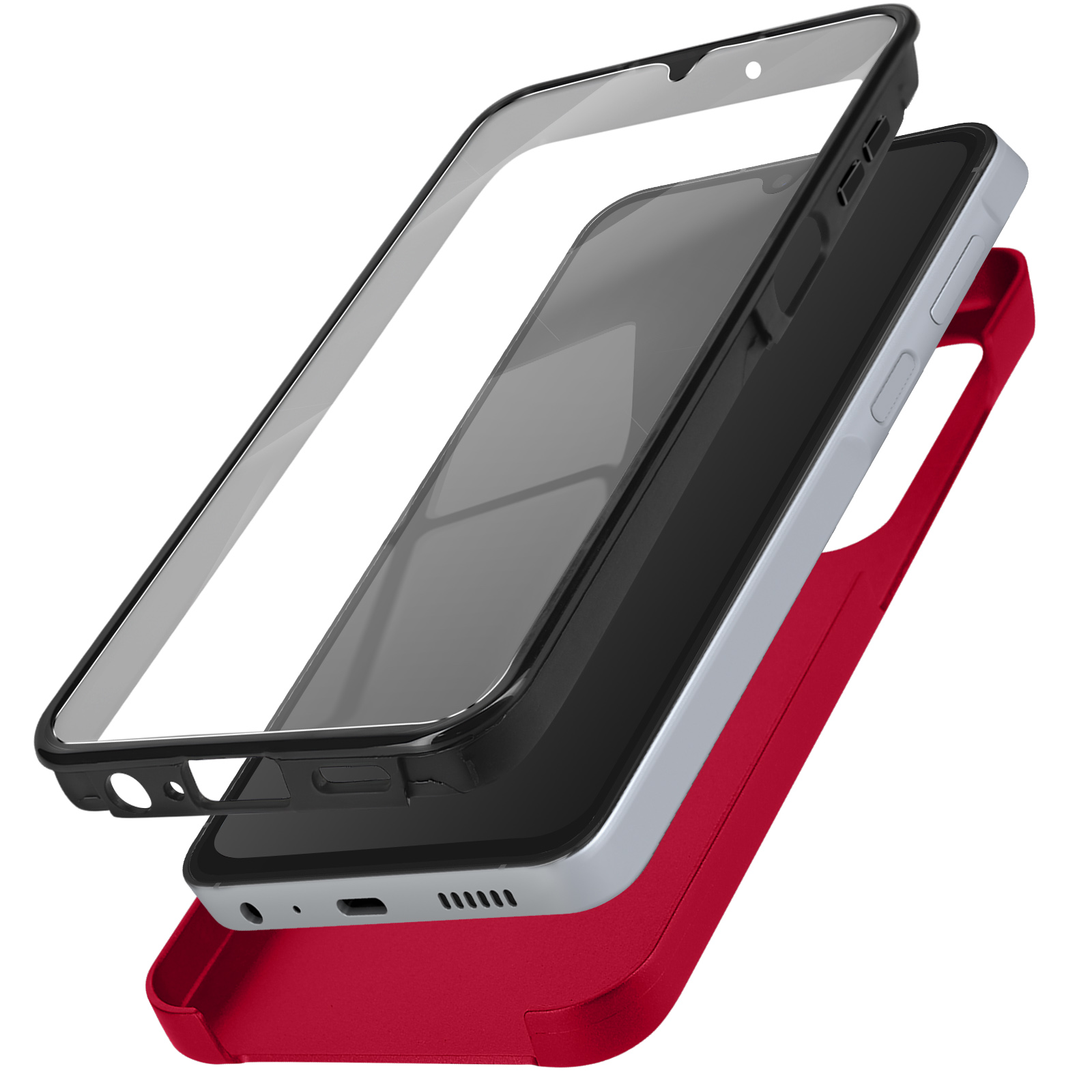 Parti della custodia del telefono: retro rosso, cornice nera, schermo trasparente. Telefono dentro.