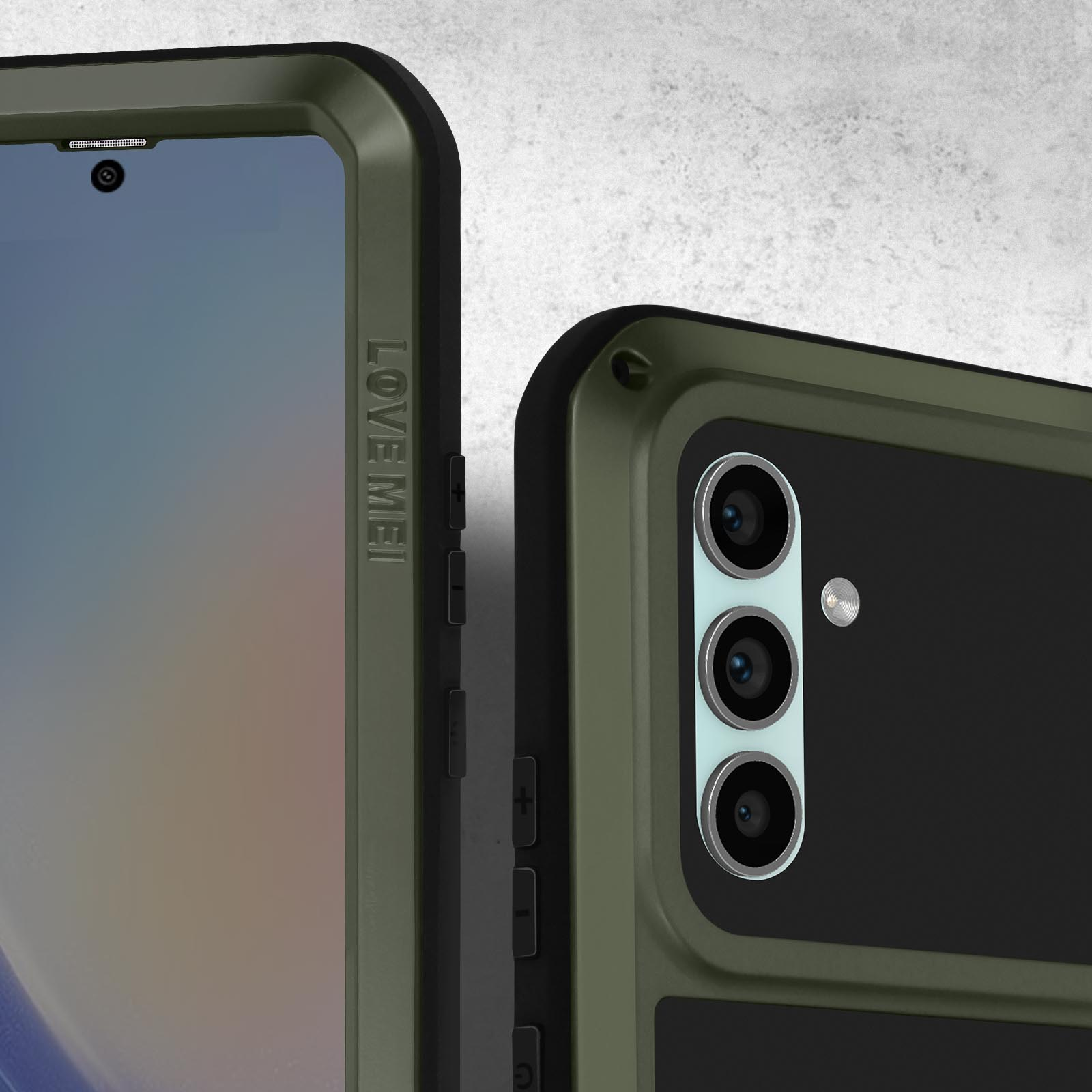 Custodia per telefono verde con custodia nera. Il telefono è nella custodia.