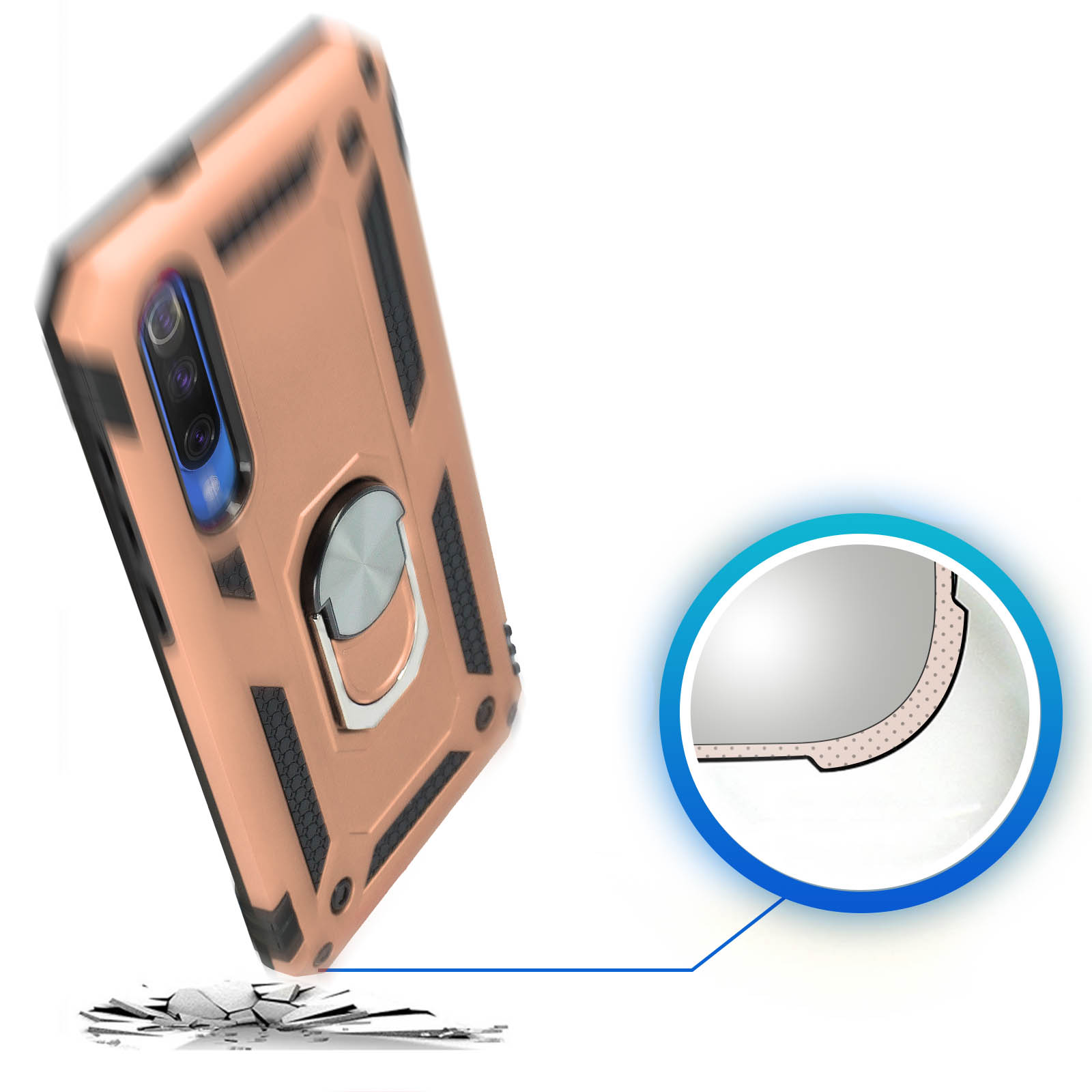Custodia per telefono, rosa e nera, con supporto ad anello, un piccolo cerchio bianco.