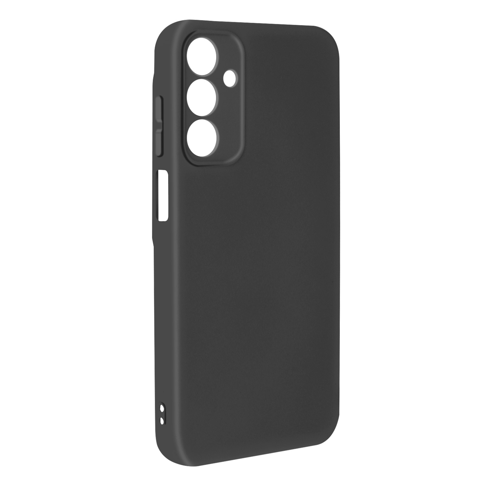 Custodia per telefono nera con finitura opaca. Ha ritagli per la fotocamera e pulsanti laterali.