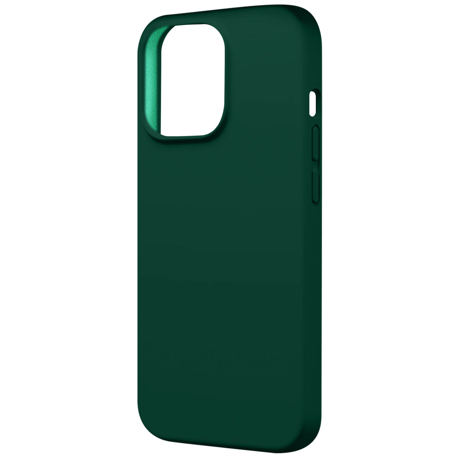 Custodia per telefono verde scuro, con un ritaglio per la fotocamera e un pulsante.