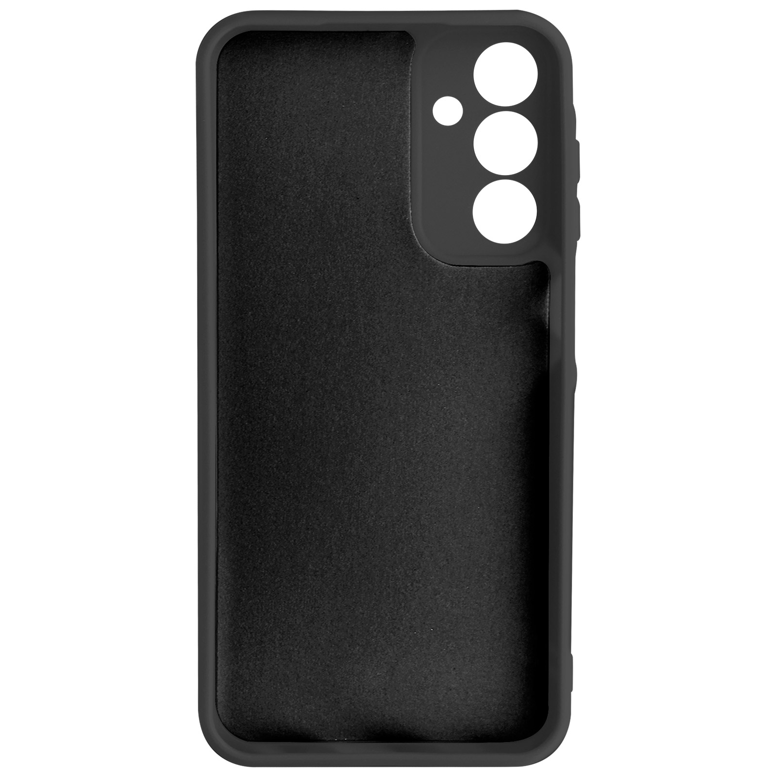 Custodia nera per telefono. Ha fori per la fotocamera e altre funzioni.