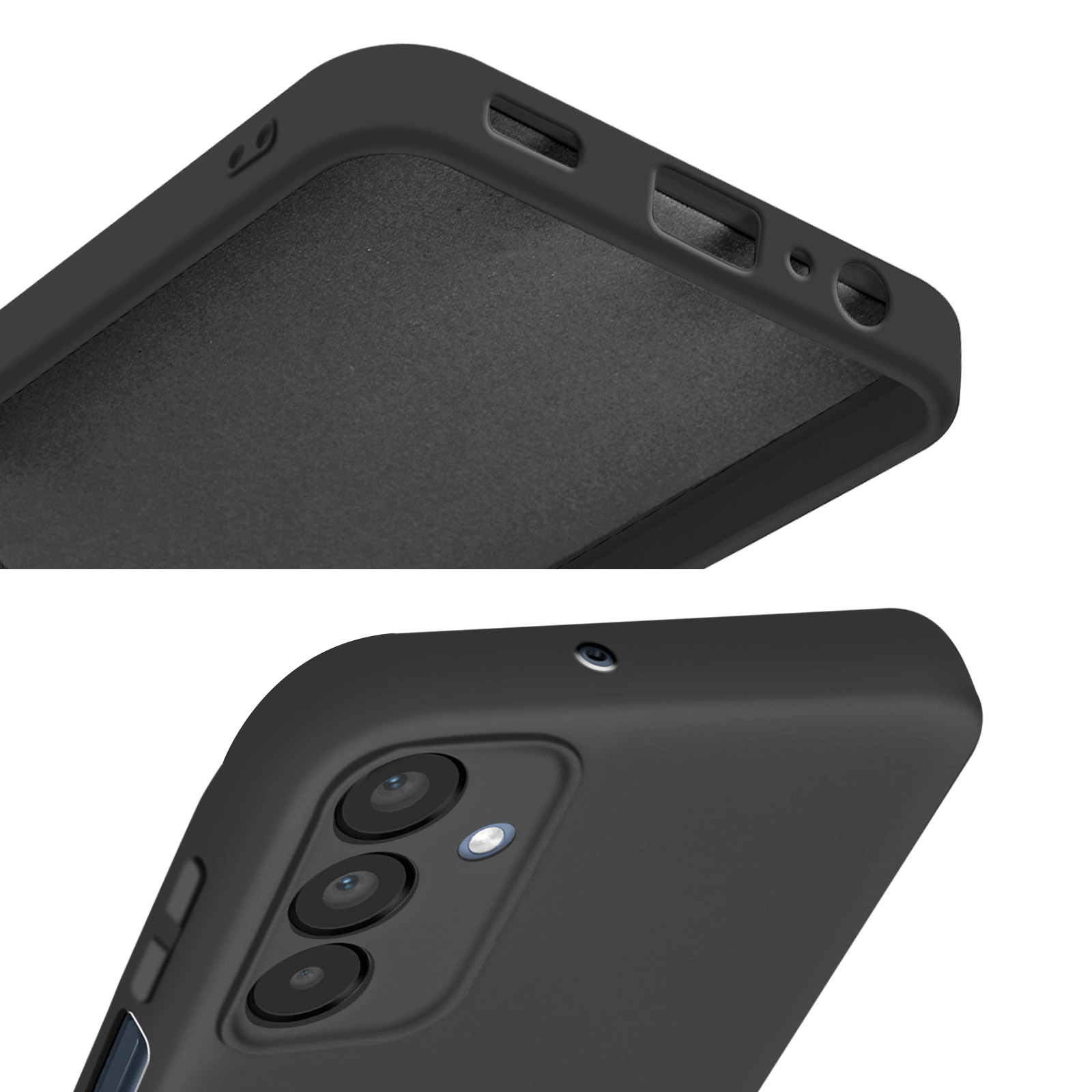 Custodia per telefono nera con ritagli. Dispone di porte, area fotocamera e interno morbido.