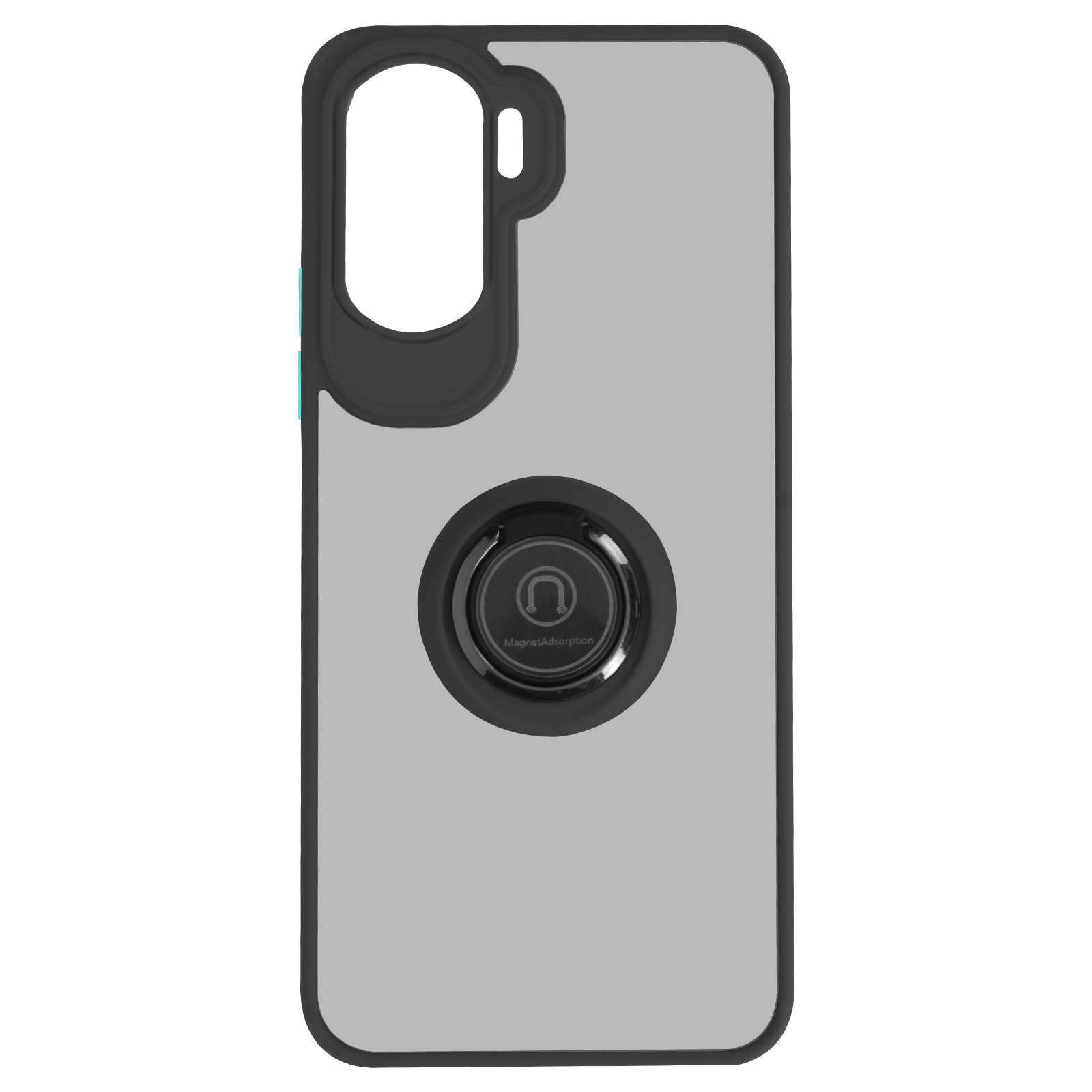 Een telefoonhoesje met een ringhouder. De hoes is zwart en grijs, met een ring in het midden.