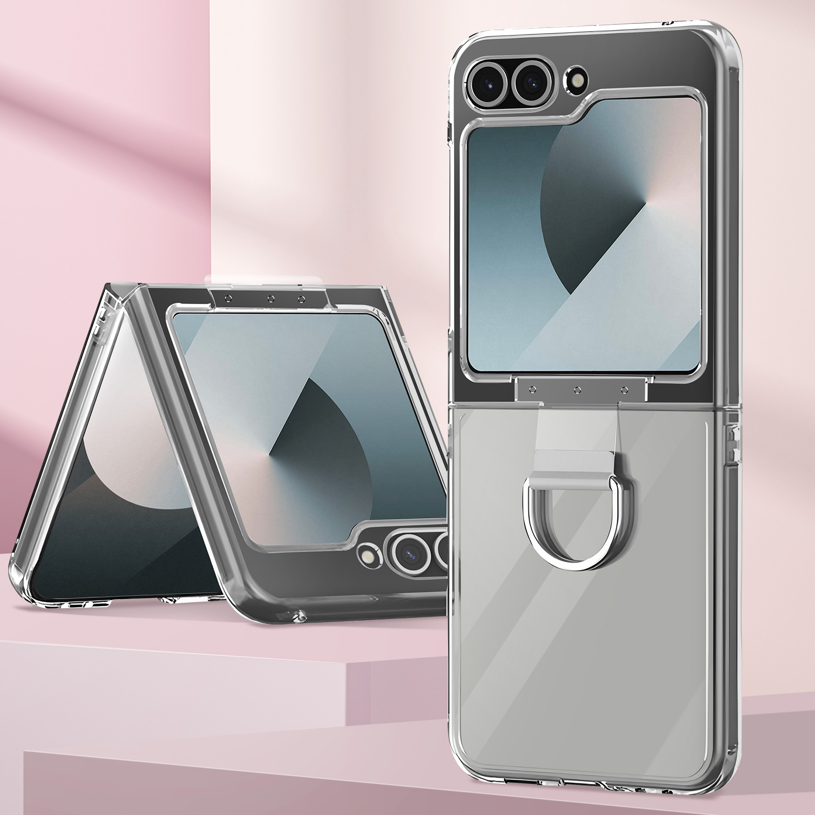 Custodia per telefono trasparente con design pieghevole. Ha un porta anello e più fotocamere.