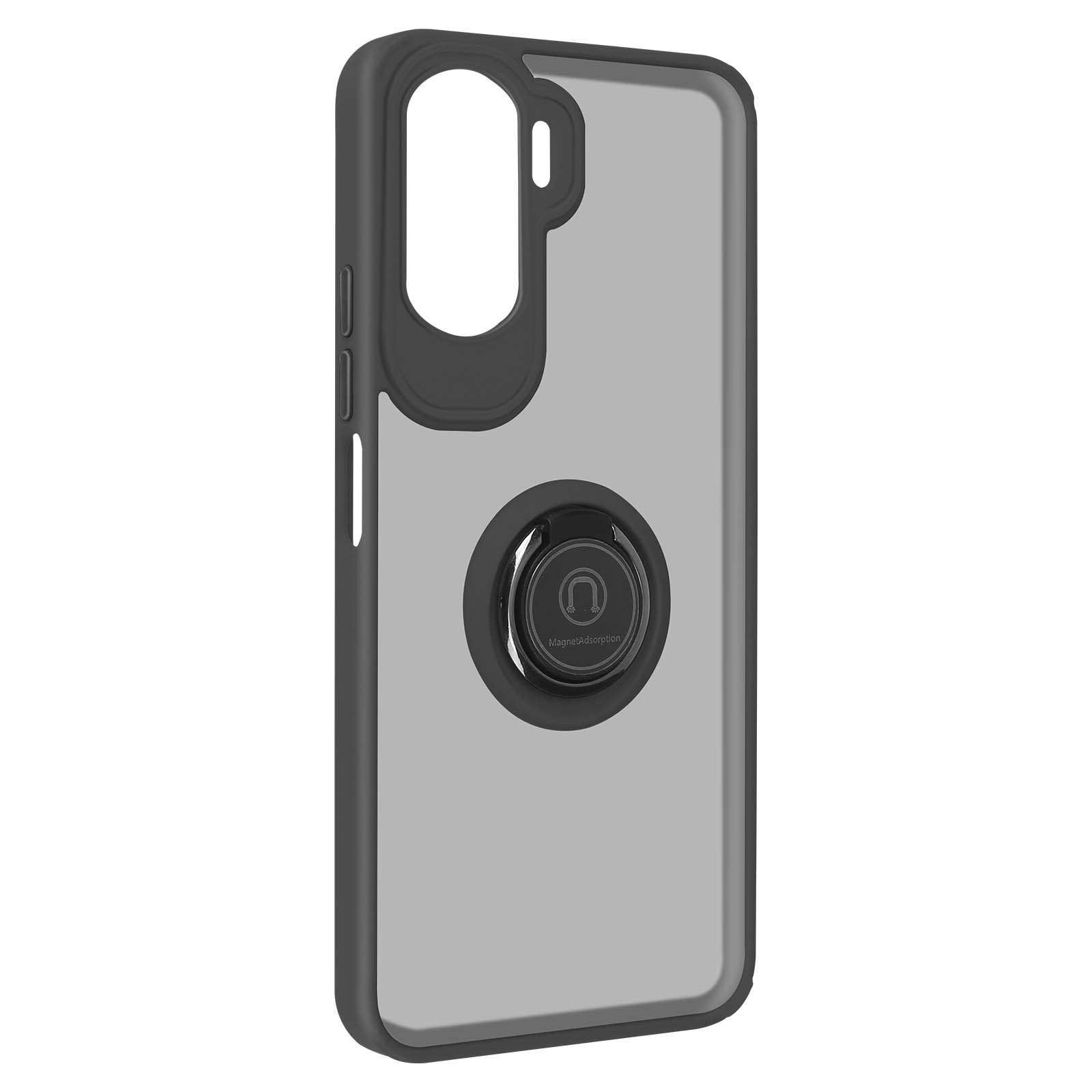 Telefoonhoesje met een ringhouder, zwart frame en een doorzichtige achterkant, tegen een grijze achtergrond.