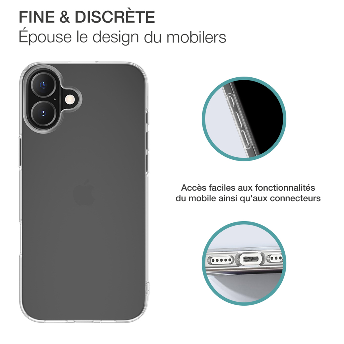Custodia trasparente per telefono su sfondo bianco. Dettagli della custodia e del telefono visibili.