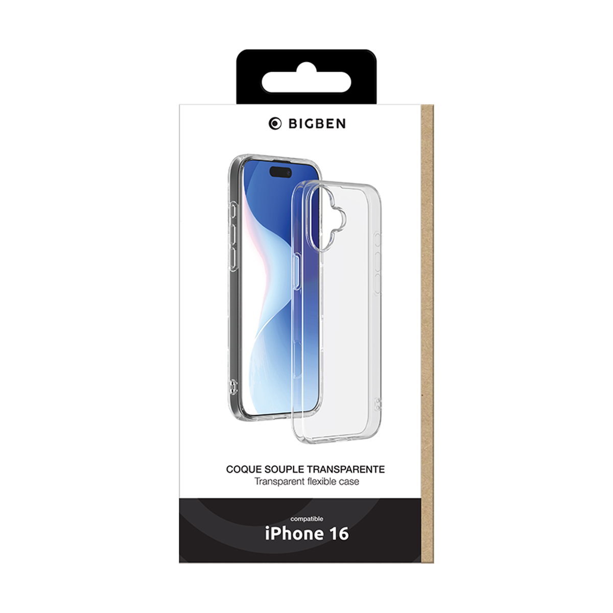 Scatola di imballaggio per custodia del telefono. È una custodia trasparente con etichetta di compatibilità iPhone 16.