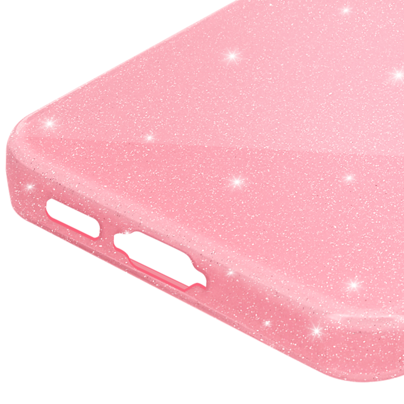 Parte inferiore della custodia rosa con glitter scintillanti. Vista ravvicinata della porta.