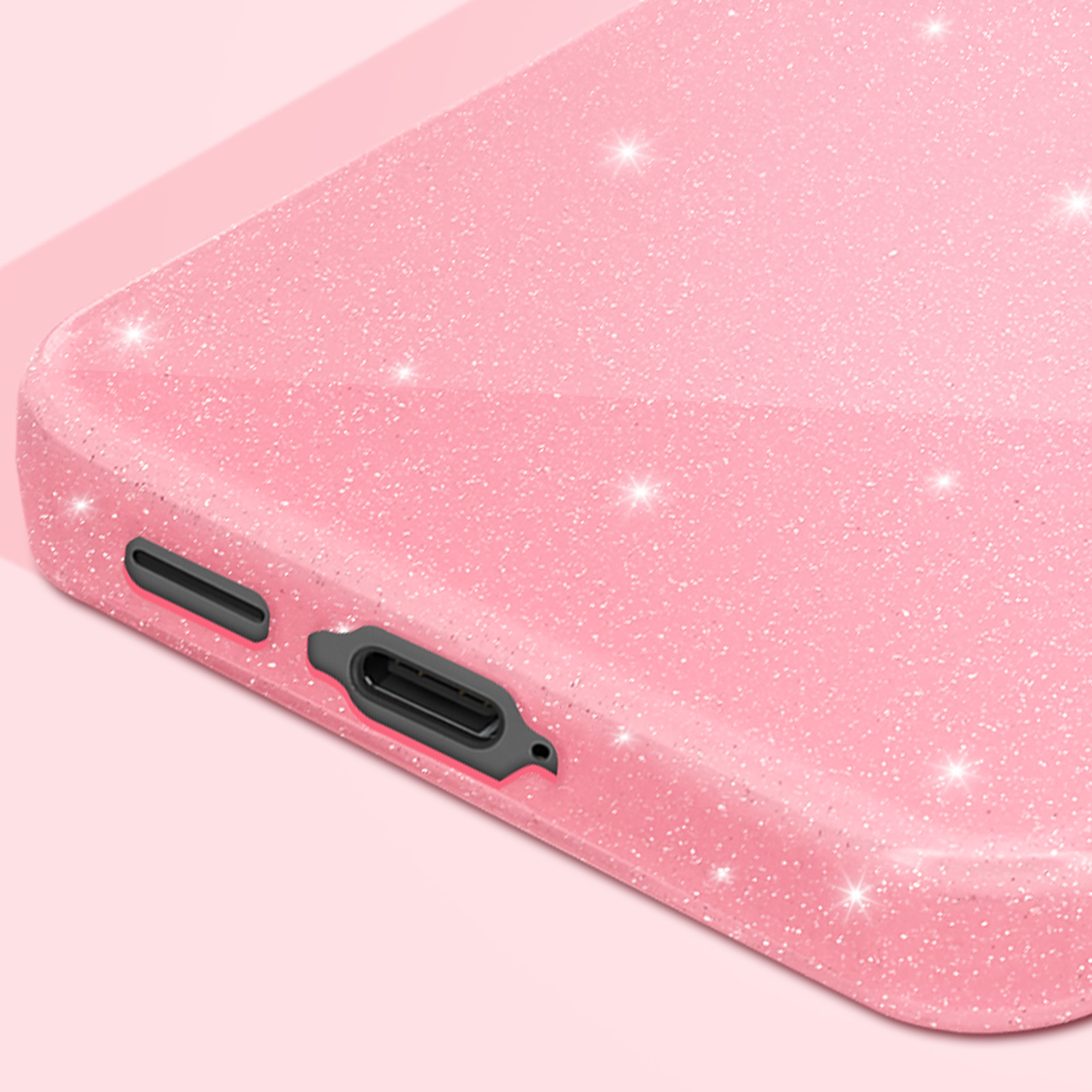 Custodia rosa con texture scintillante. Una porta di ricarica e un foro sono visibili sul lato.