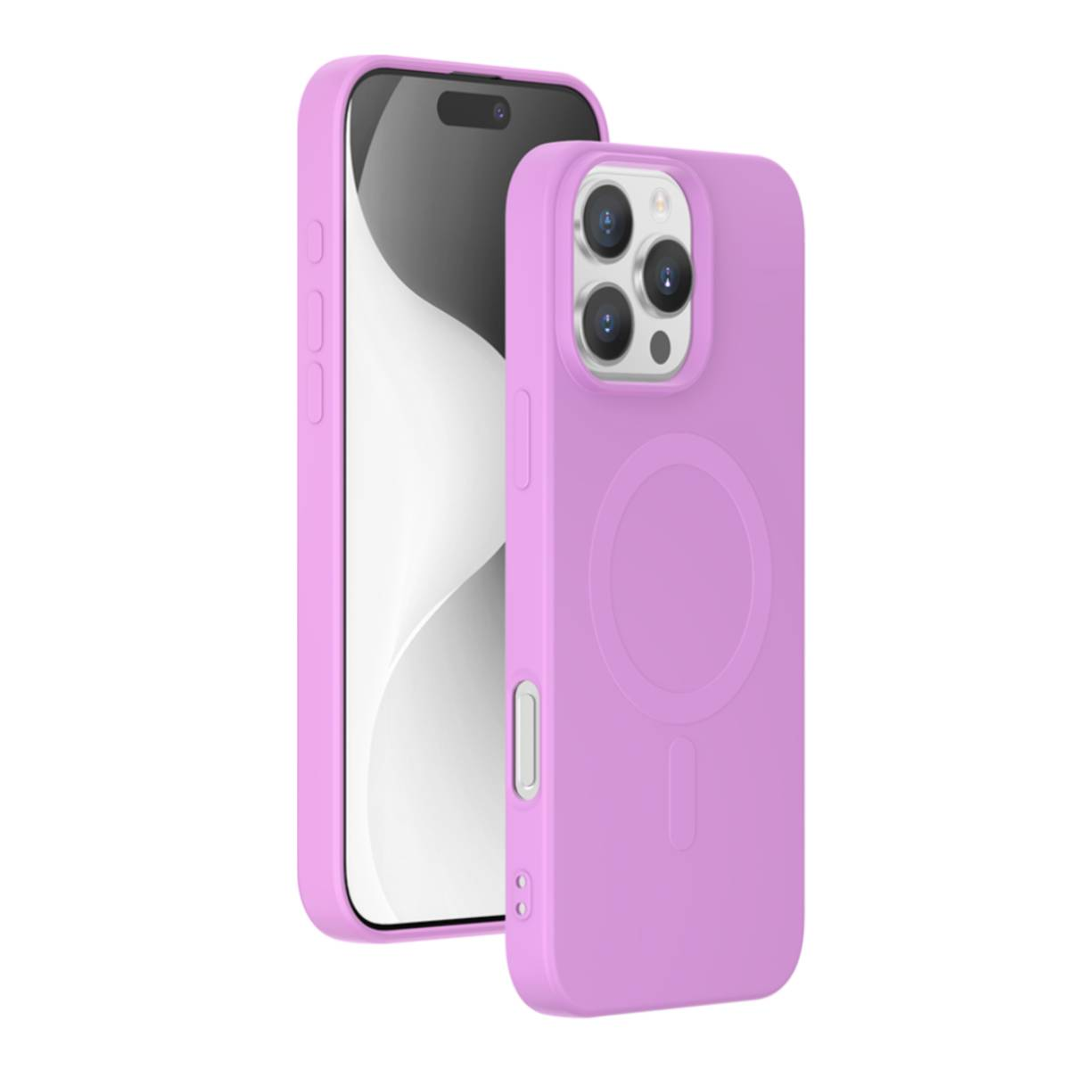 Custodia e telefono viola. La custodia ha un cerchio magnetico sul retro.