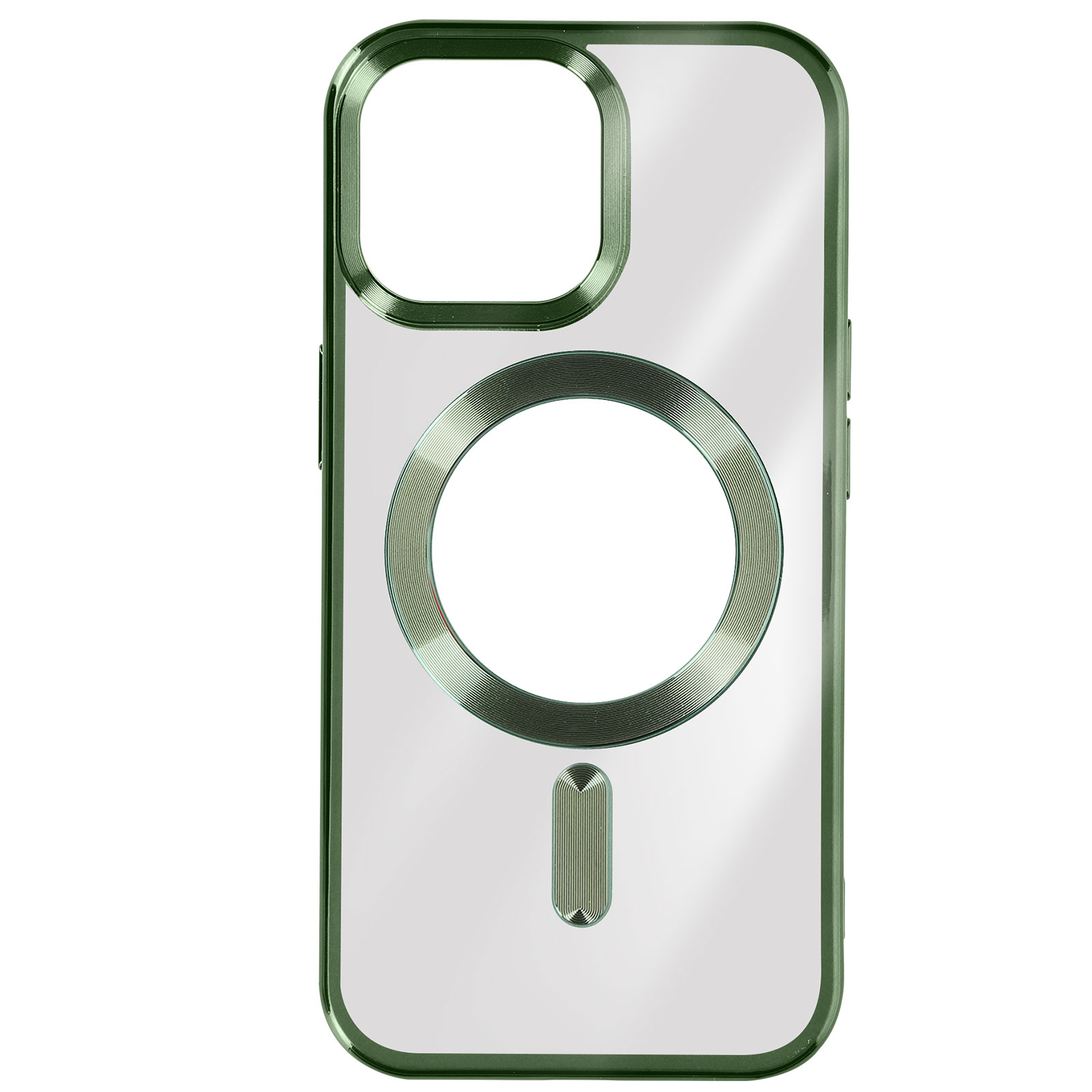 Custodia trasparente per telefono con bordi verdi. La custodia ha un design e un logo MagSafe.