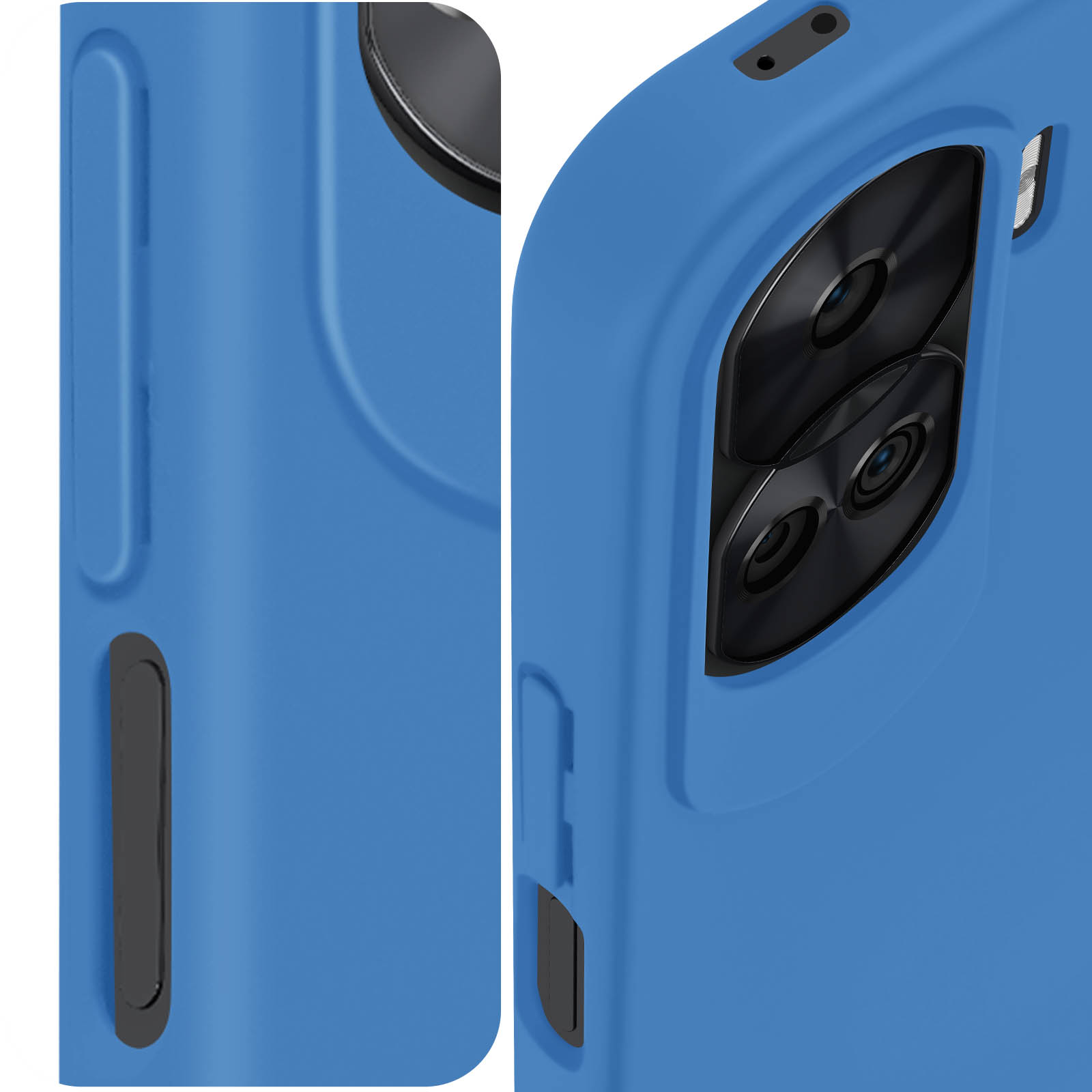 Blaue Handyhülle mit Kamera. Das Design ist sichtbar. Die Hülle ist blau.
