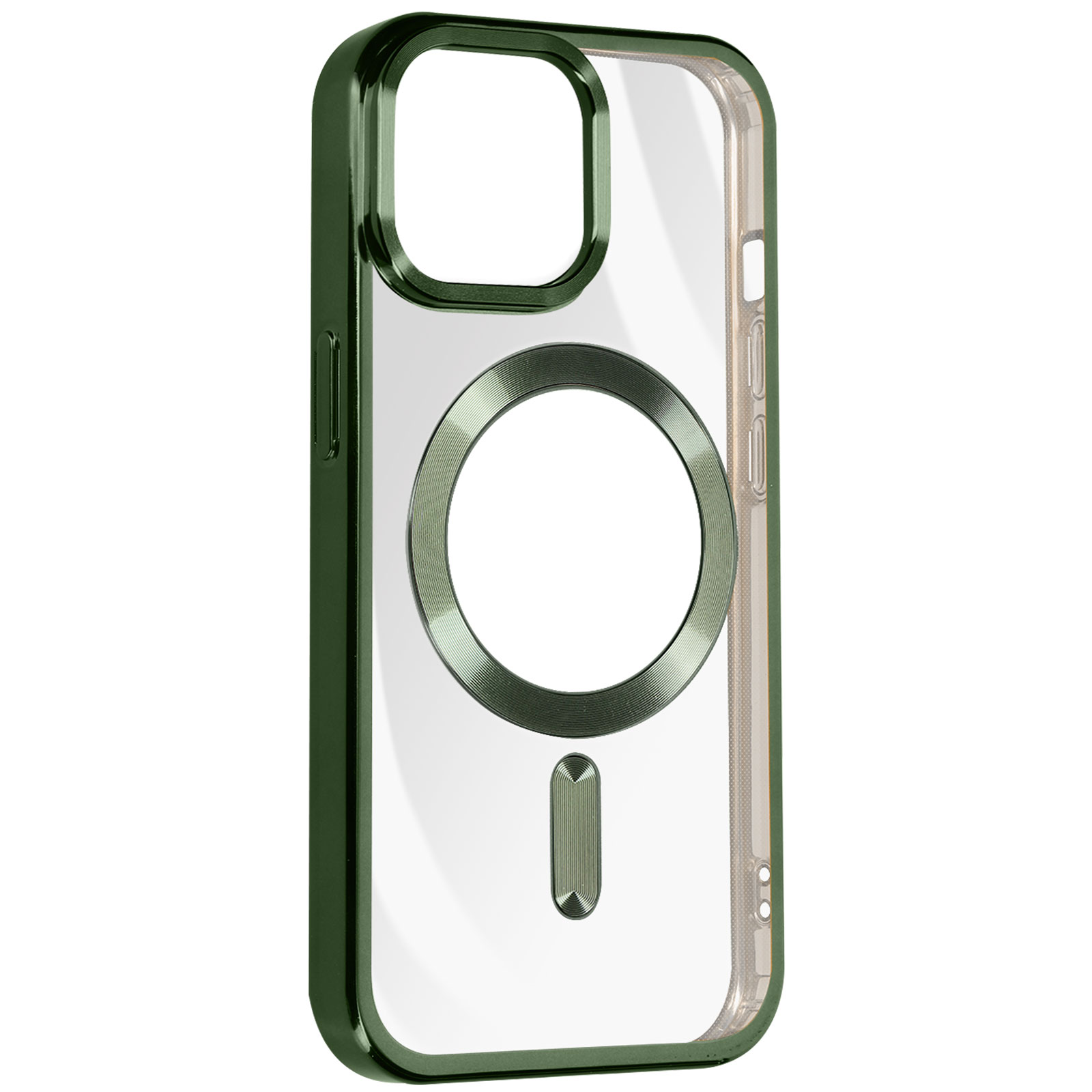Una custodia con cornice verde e retro trasparente. Ha un anello MagSafe e un design trasparente.