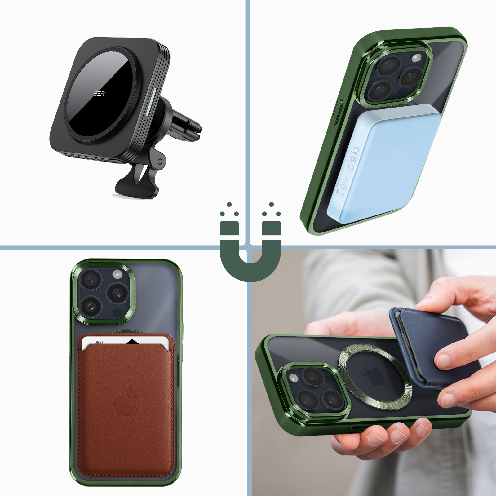 Un collage che mostra diverse custodie e accessori per telefoni, tra cui un supporto per auto e una custodia a portafoglio.