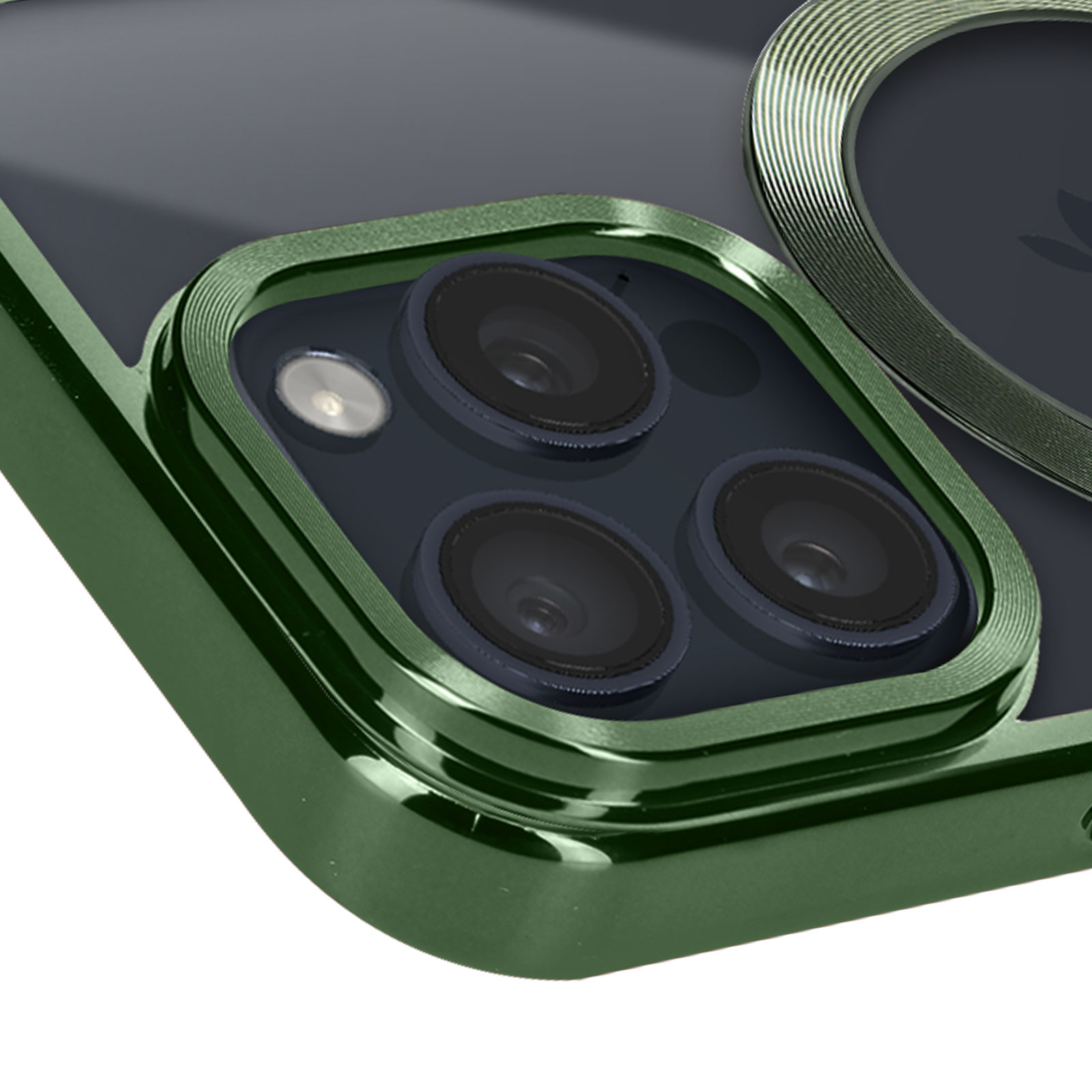 Primo piano di una custodia per telefono. L'obiettivo della fotocamera è visibile. Cornice verde. Sfondo scuro.