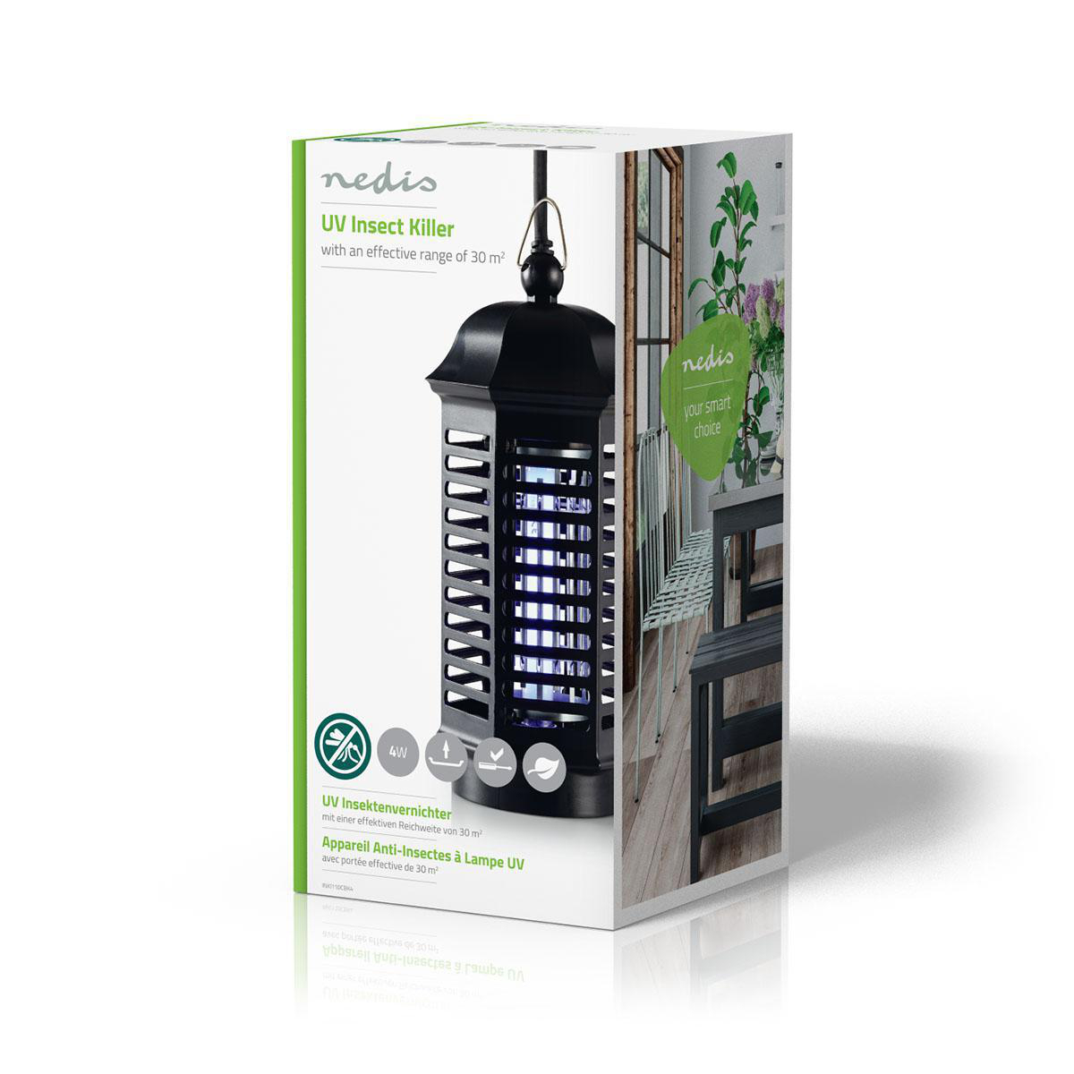 Lampada anti-insetti UV nera in una scatola con testo e grafica su sfondo bianco.