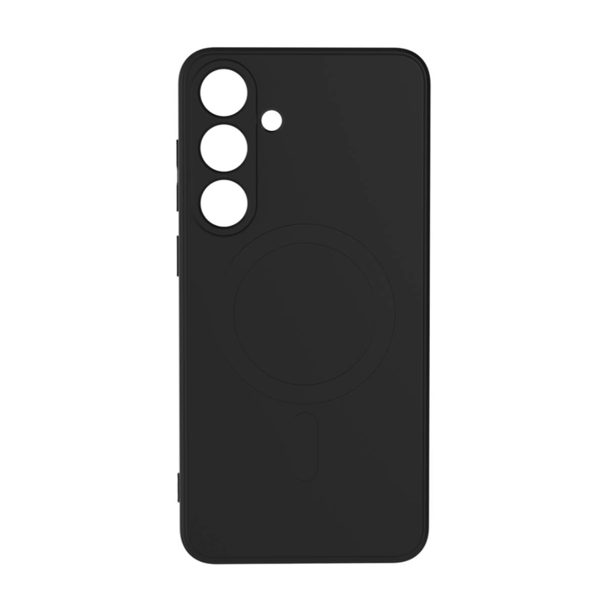 Una custodia nera per telefono con finitura opaca. Il retro ha un design a cerchio e rettangolo.
