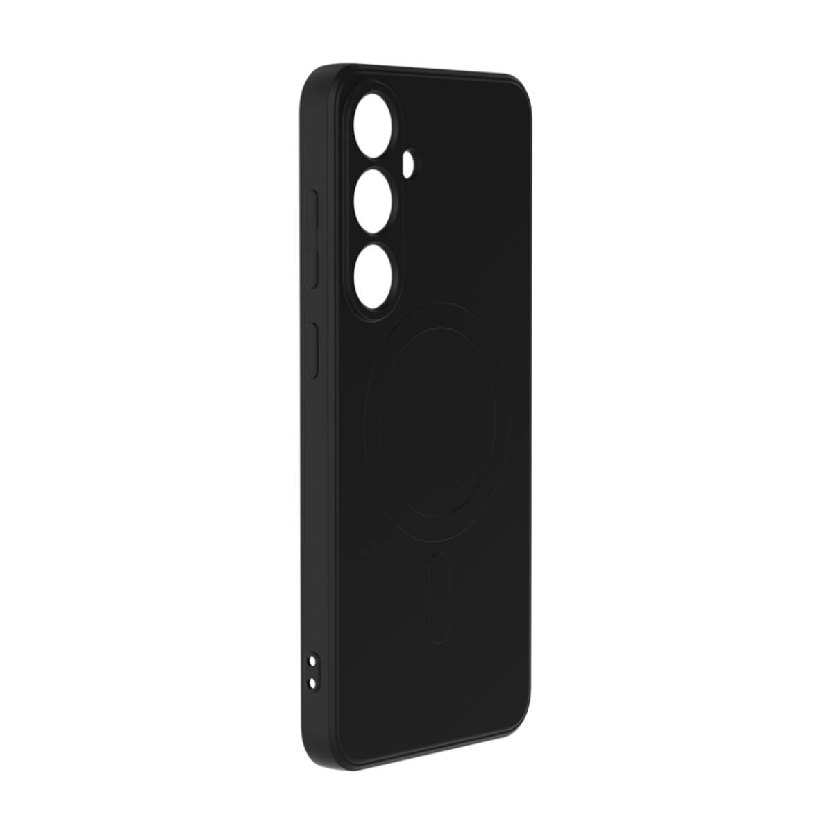 Custodia per telefono nera con un ritaglio per la fotocamera e un cerchio sul retro.