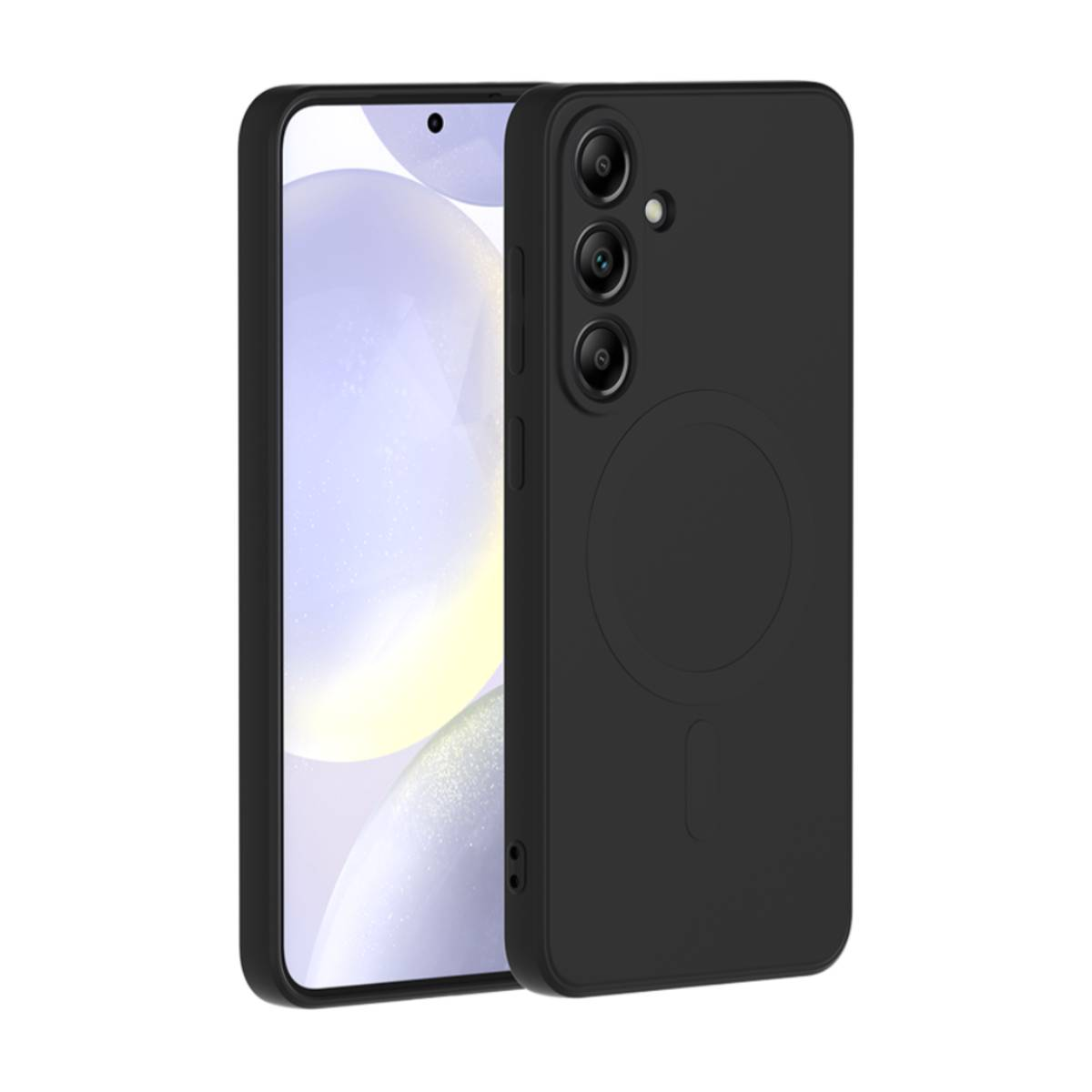 Custodia nera per telefono. Il telefono è a sinistra. La custodia ha un design circolare.