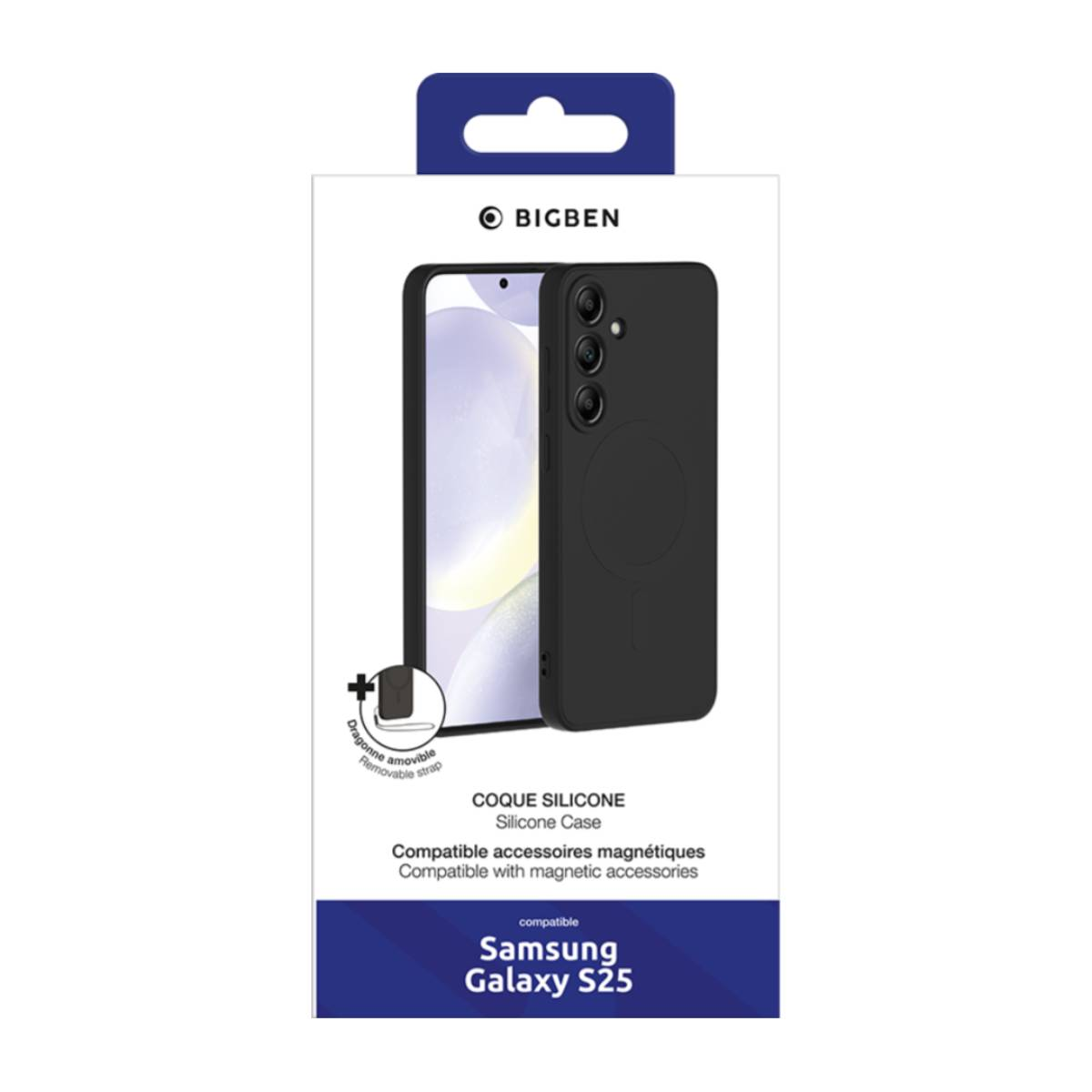Confezione di custodia per telefono con custodia nera e cinturino rimovibile. Compatibile con Samsung Galaxy S25.