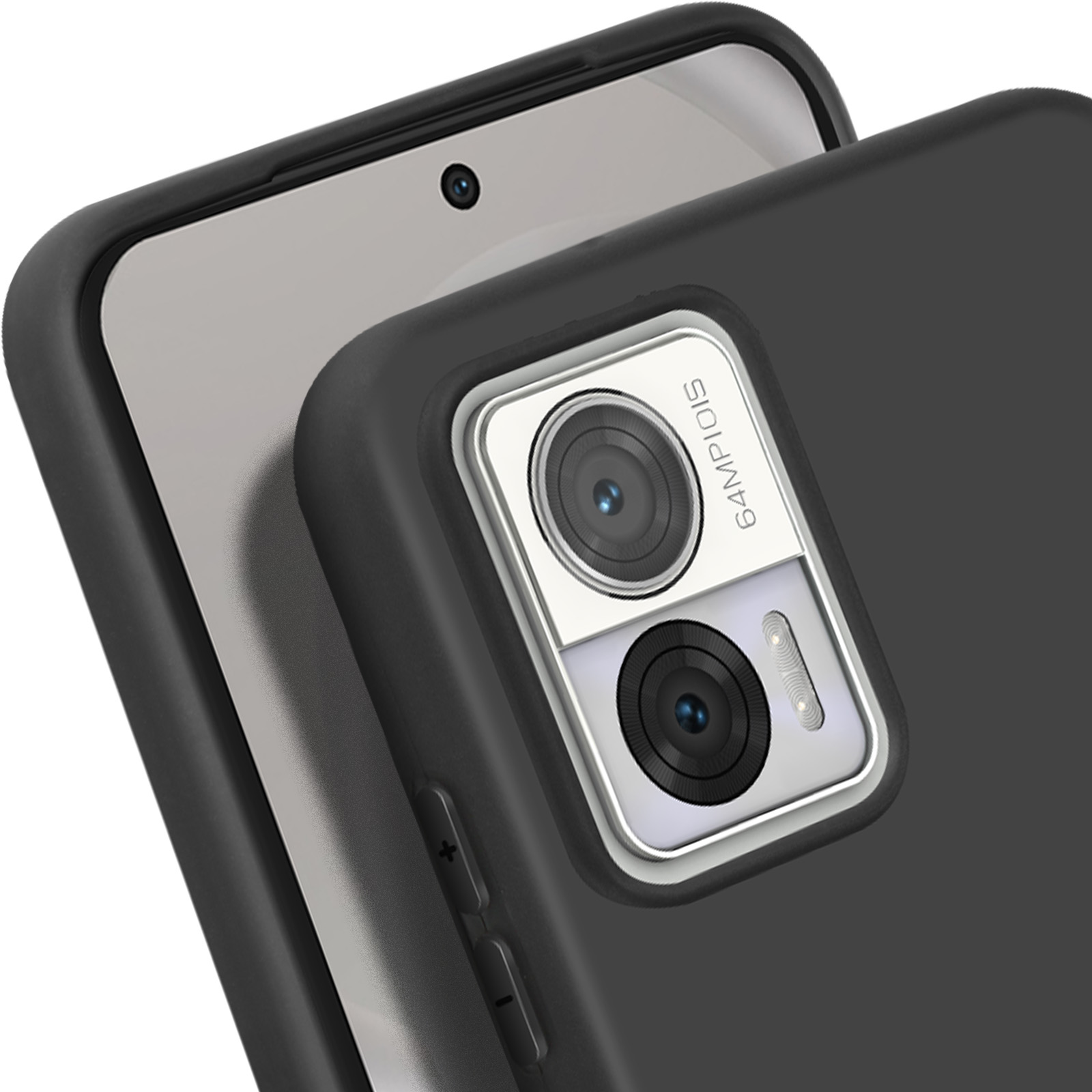 Un primo piano di un telefono con una custodia nera che mostra la fotocamera e il flash.