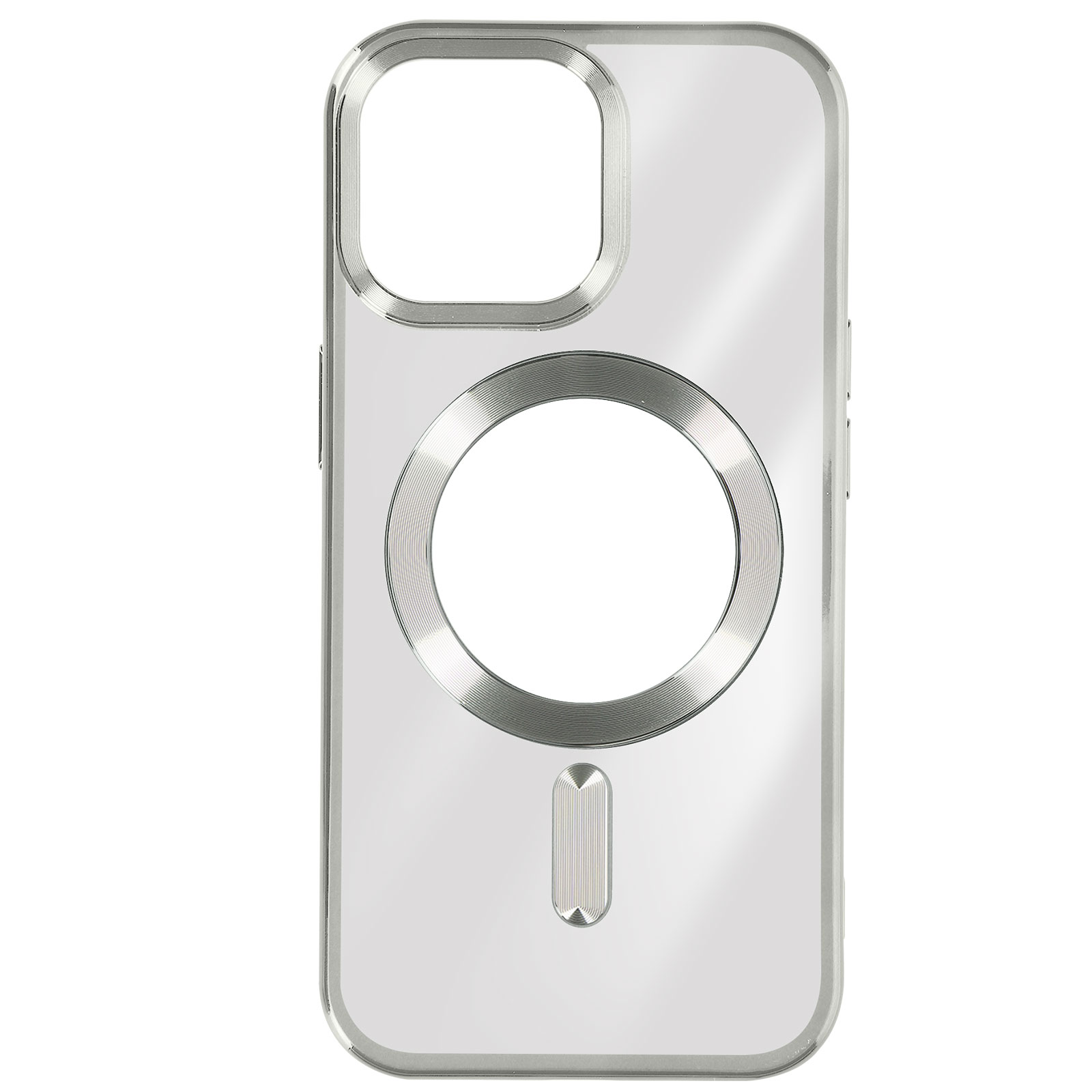 Coque transparente avec anneau argenté, isolée sur fond blanc.