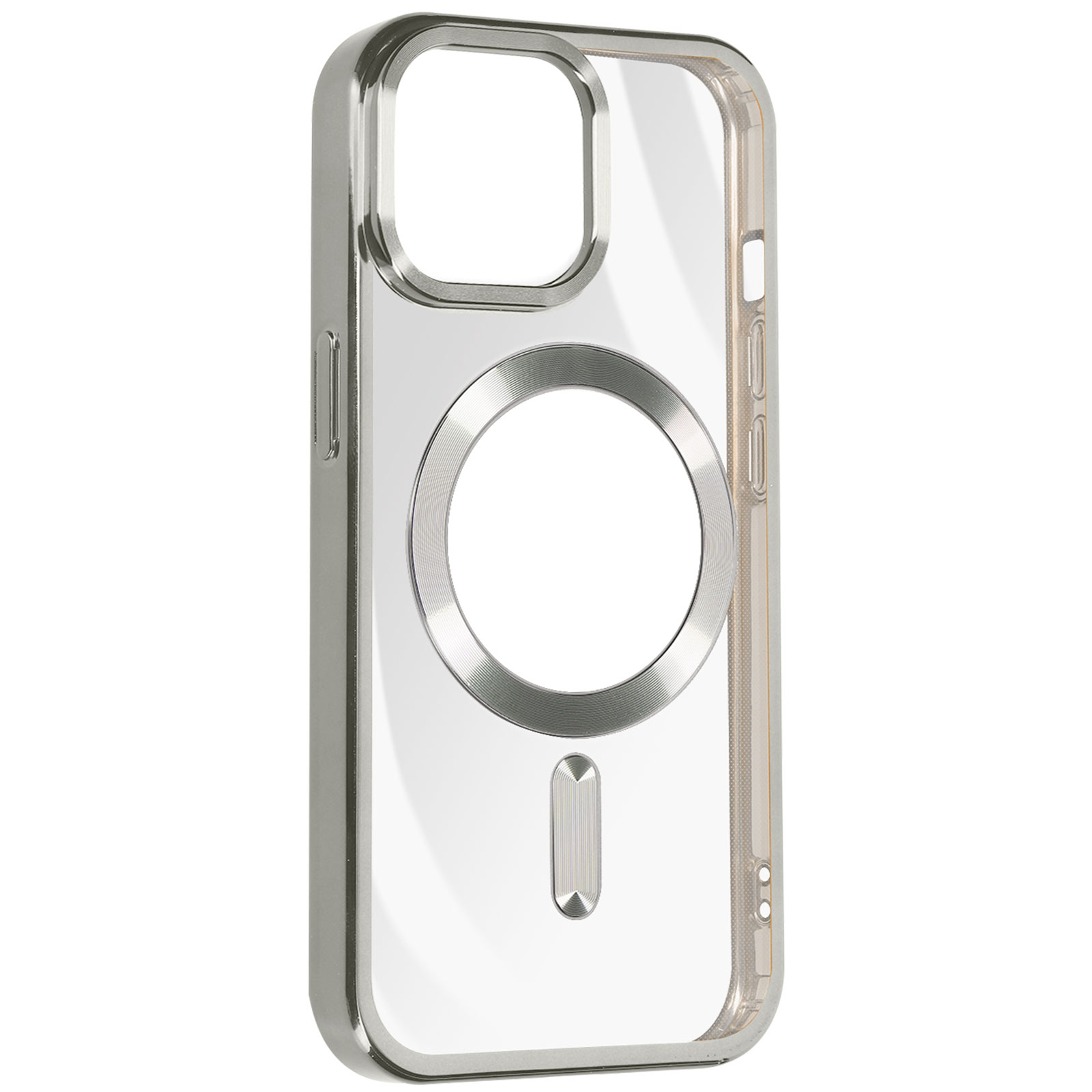 Coque transparente pour iPhone avec cadre argenté. Anneau magnétique, découpe caméra et boutons.