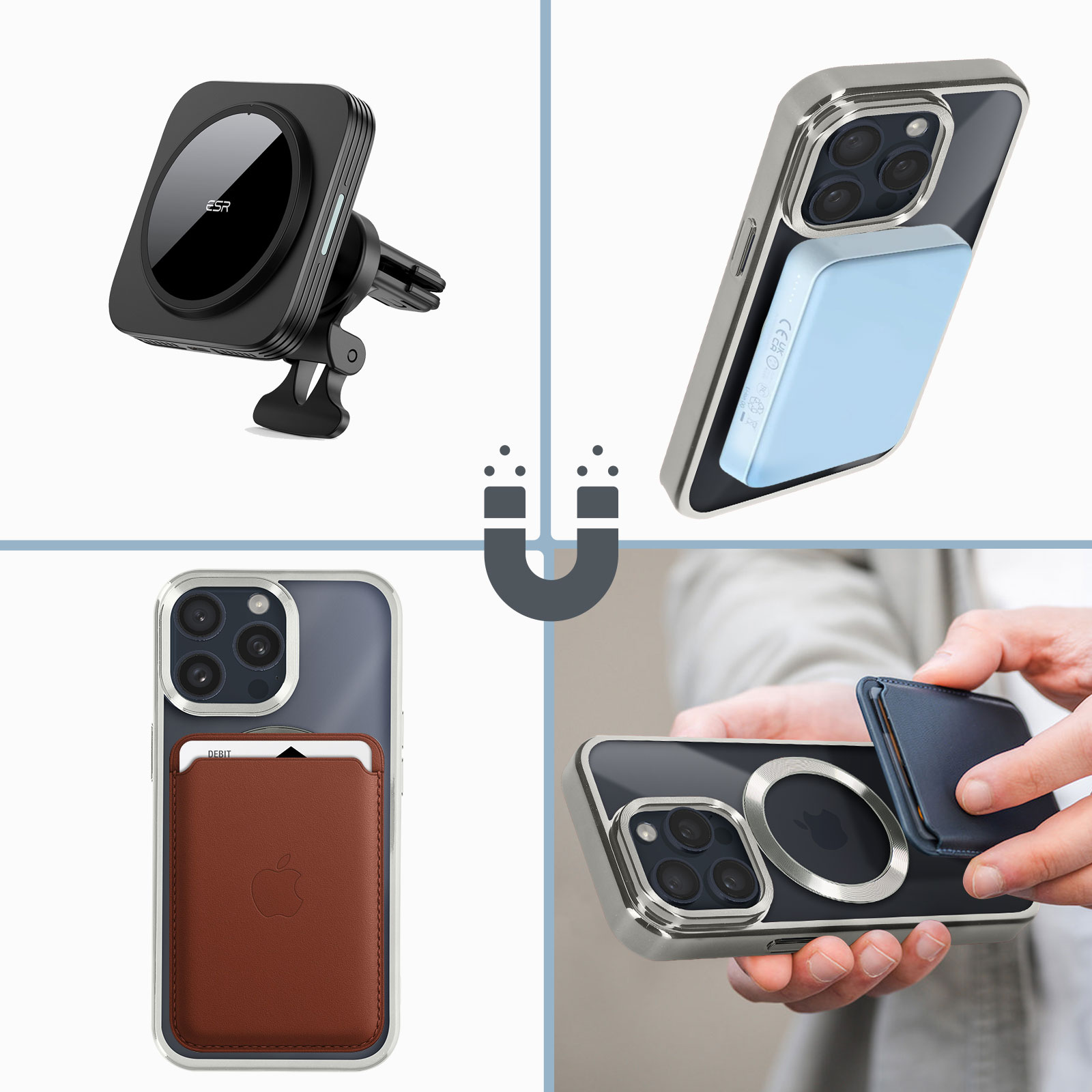 Plusieurs accessoires de téléphone : support de voiture, chargeur MagSafe, porte-cartes et portefeuille. Tout est noir, argenté et bleu.
