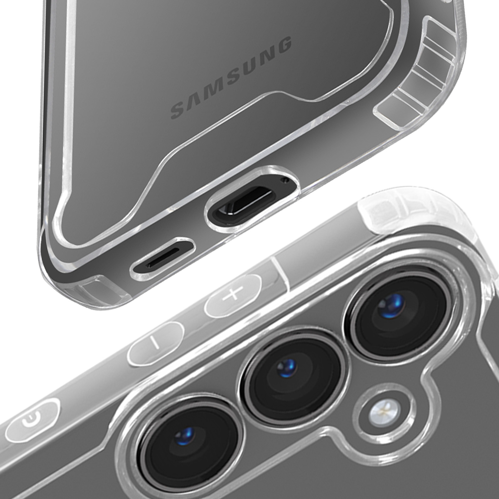 Primo piano di una custodia trasparente con il logo Samsung visibile.