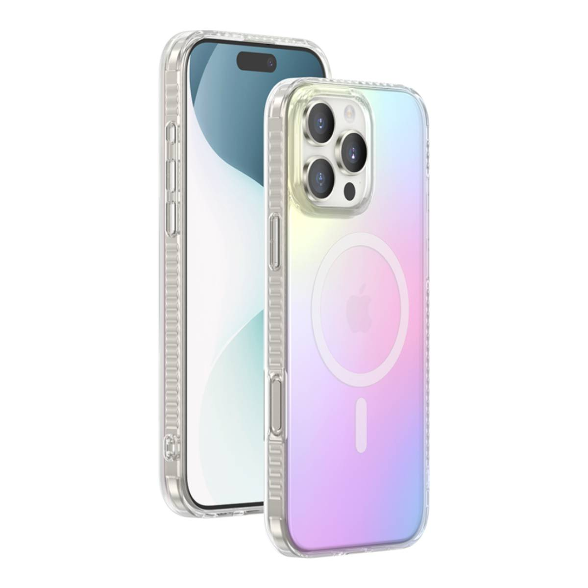 Telefono con custodia trasparente, effetto arcobaleno e anello MagSafe.